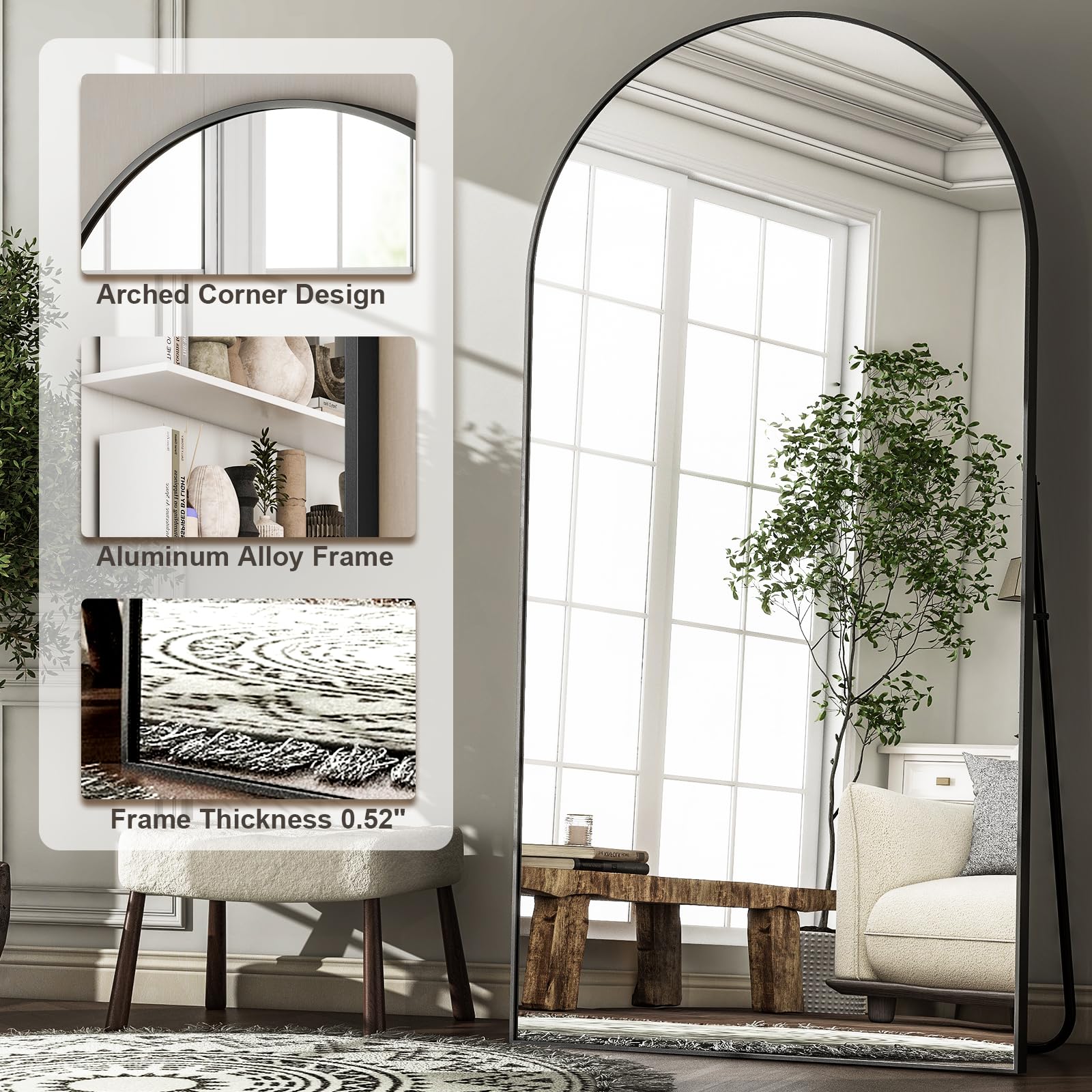 HARRITPURE 64"x21" Arched Full Length Mirror Floor Mirrors with Aluminum Alloy Frame Free-Standing Wall Mounted or Leaning Large Bedroom Dressing Mirror Modern & Contemporary Decor for Home,Black