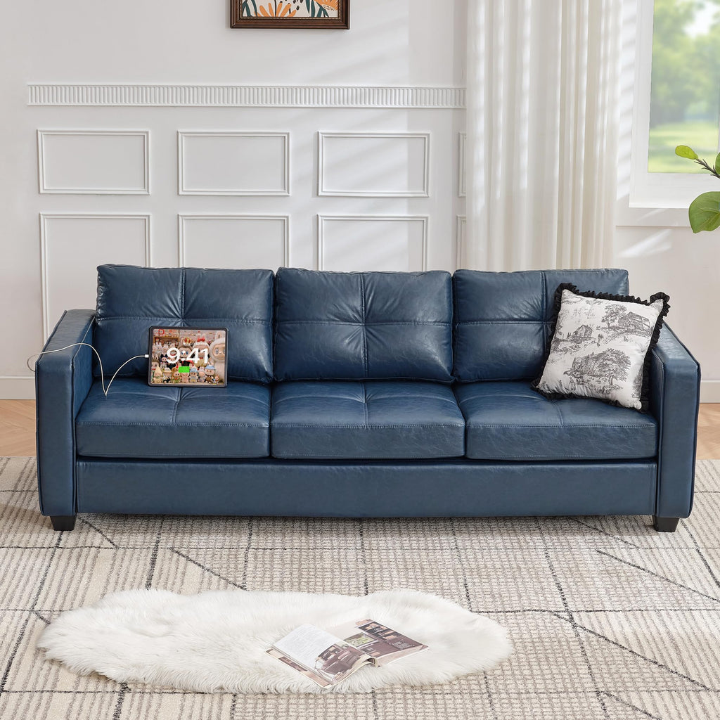 TYBOATLE 88" W Blue Faux Leather L Shaped Sectional Couches w/Side Pockets, Comfy Modular Convertible Sofas w/USB, Office Sofa Set with Chaise for Living Room, Bedroom (Blue, 3L)