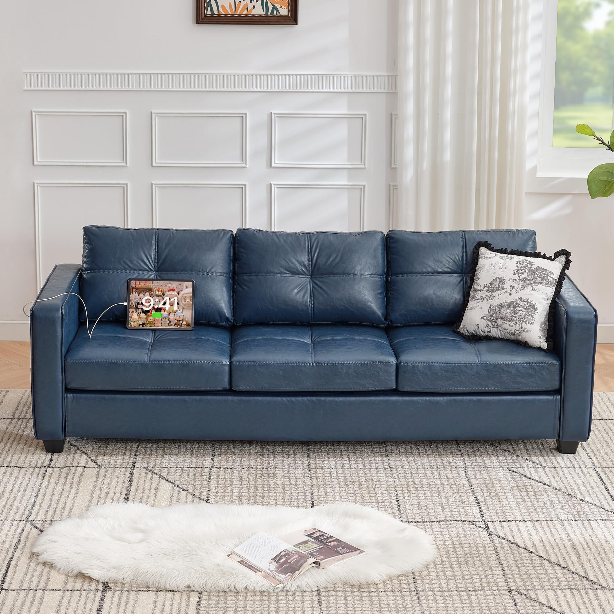 TYBOATLE 88" W Blue Faux Leather L Shaped Sectional Couches w/Side Pockets, Comfy Modular Convertible Sofas w/USB, Office Sofa Set with Chaise for Living Room, Bedroom (Blue, 3L)