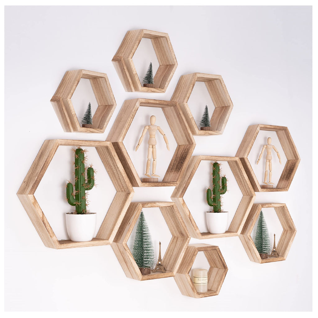 WONFUlity Hexagon Floating Shelves Honeycomb Shelves Wall Mounted Wood Farmhouse Storage Wall Shelf for Bathroom, Kitchen, Bedroom, Living Room,Driftwood Finish Decor,Dark Brwon