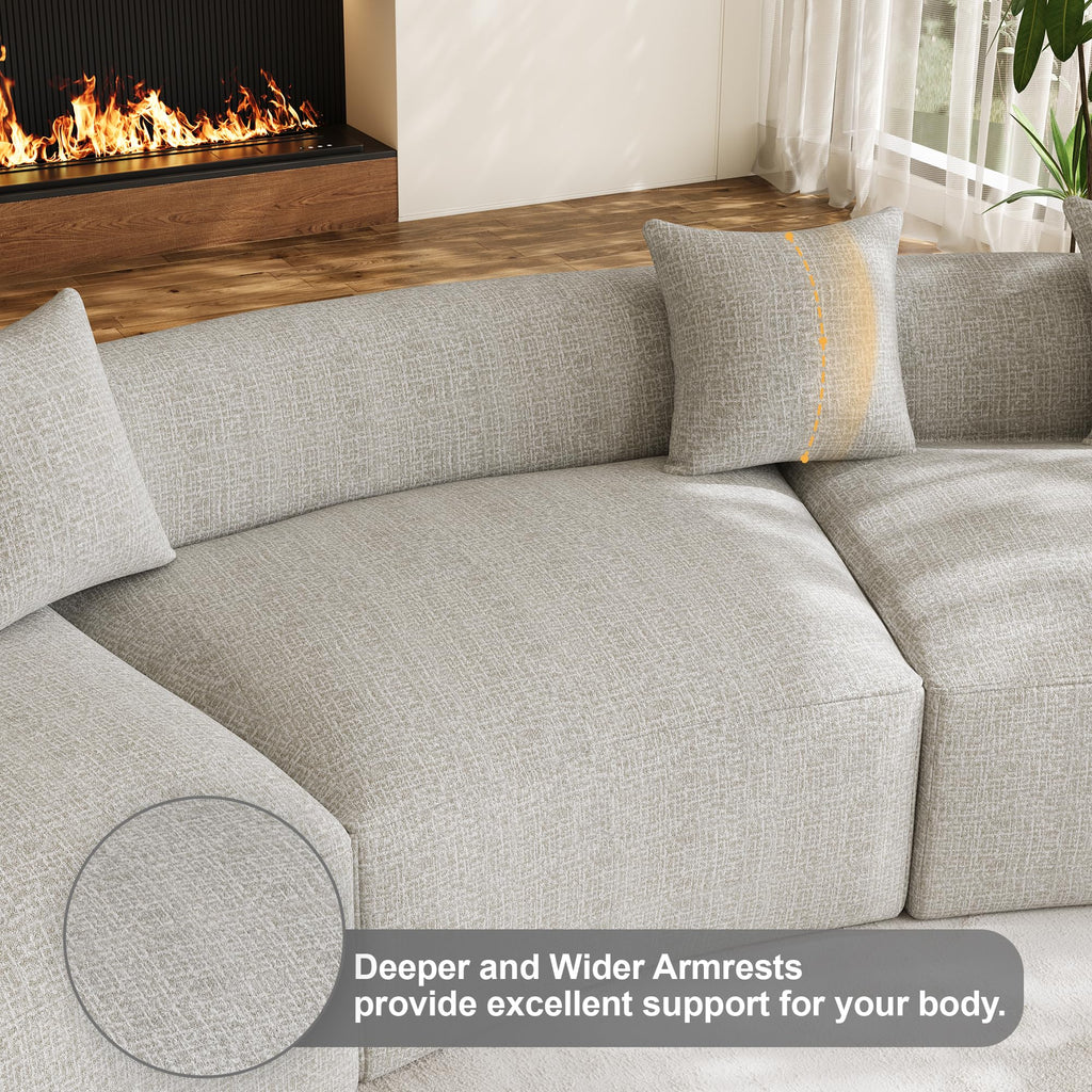 131" Oversized Sectional Sofa for Living Room, Modern Luxury Plush Chenille 4-Seater Extra Deep & Wide Seat Curved Cloud Couch with 4 Throw Pillows, No Assembly Needed, Light Brown