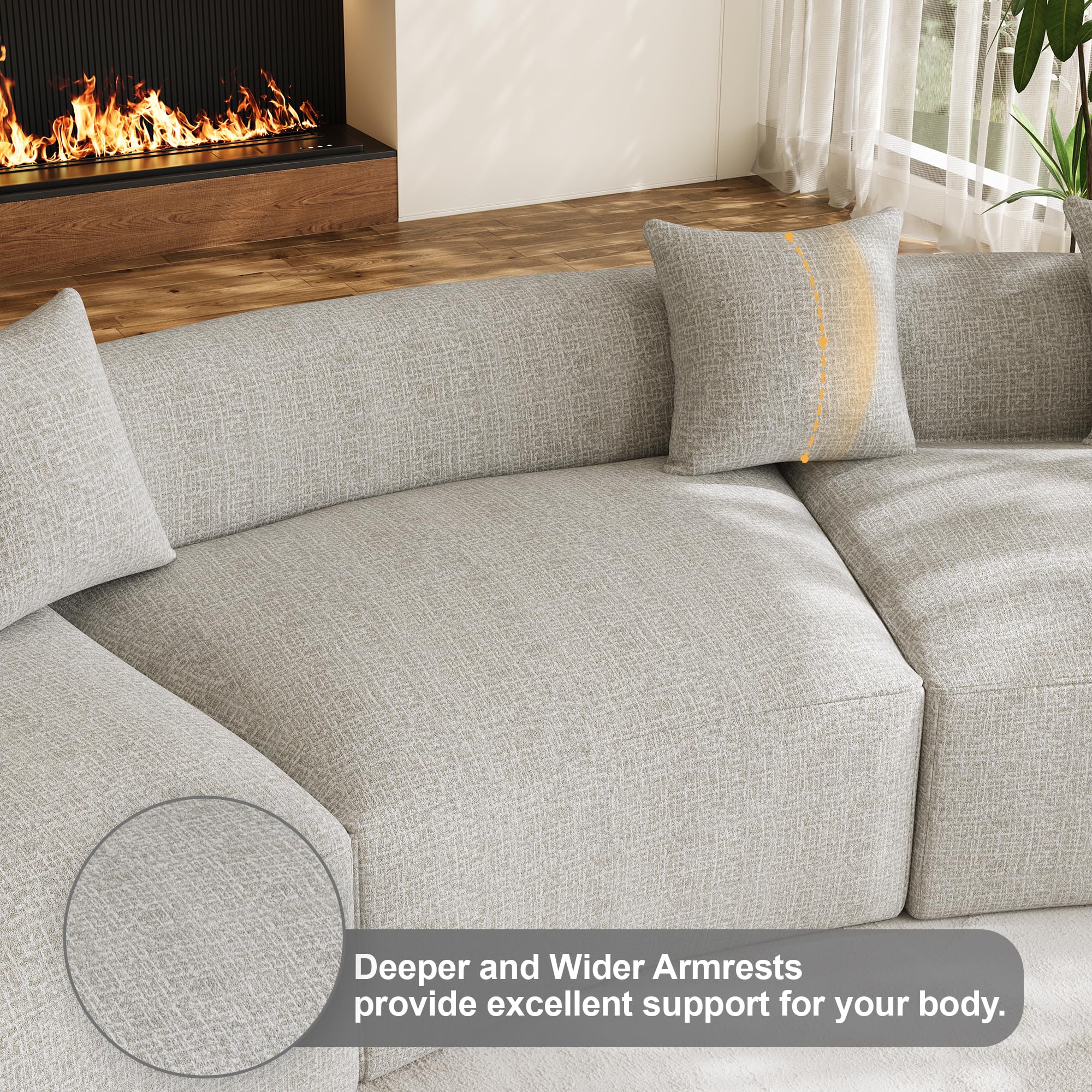 131" Oversized Sectional Sofa for Living Room, Modern Luxury Plush Chenille 4-Seater Extra Deep & Wide Seat Curved Cloud Couch with 4 Throw Pillows, No Assembly Needed, Light Brown