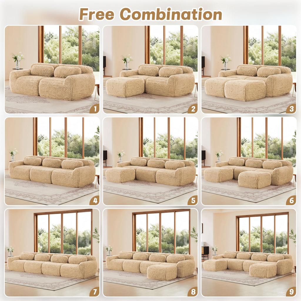98.4-Inch Oversized Boneless Cloud Couches Deep Seat Foam Sofa Couch with 2 Round Toss Pillows, Luxury Corduroy Upholstered 3 Seat Tufted Loveseat, Cloud Sofa in a Box