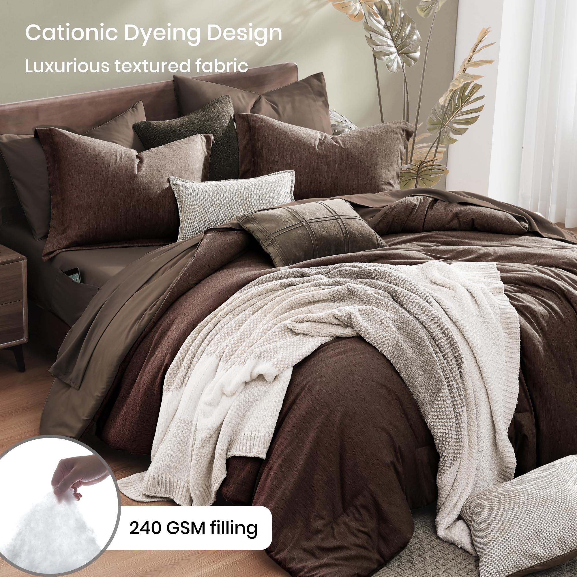 Monbix Queen Comforter Set - 7 Pieces Cationic Dyeing Autumn Leaf Bed in a Bag Queen Bedding Sets with Comforter, Sheets, Pillowcases & Shams, Reversible Bedding Comforters Sets