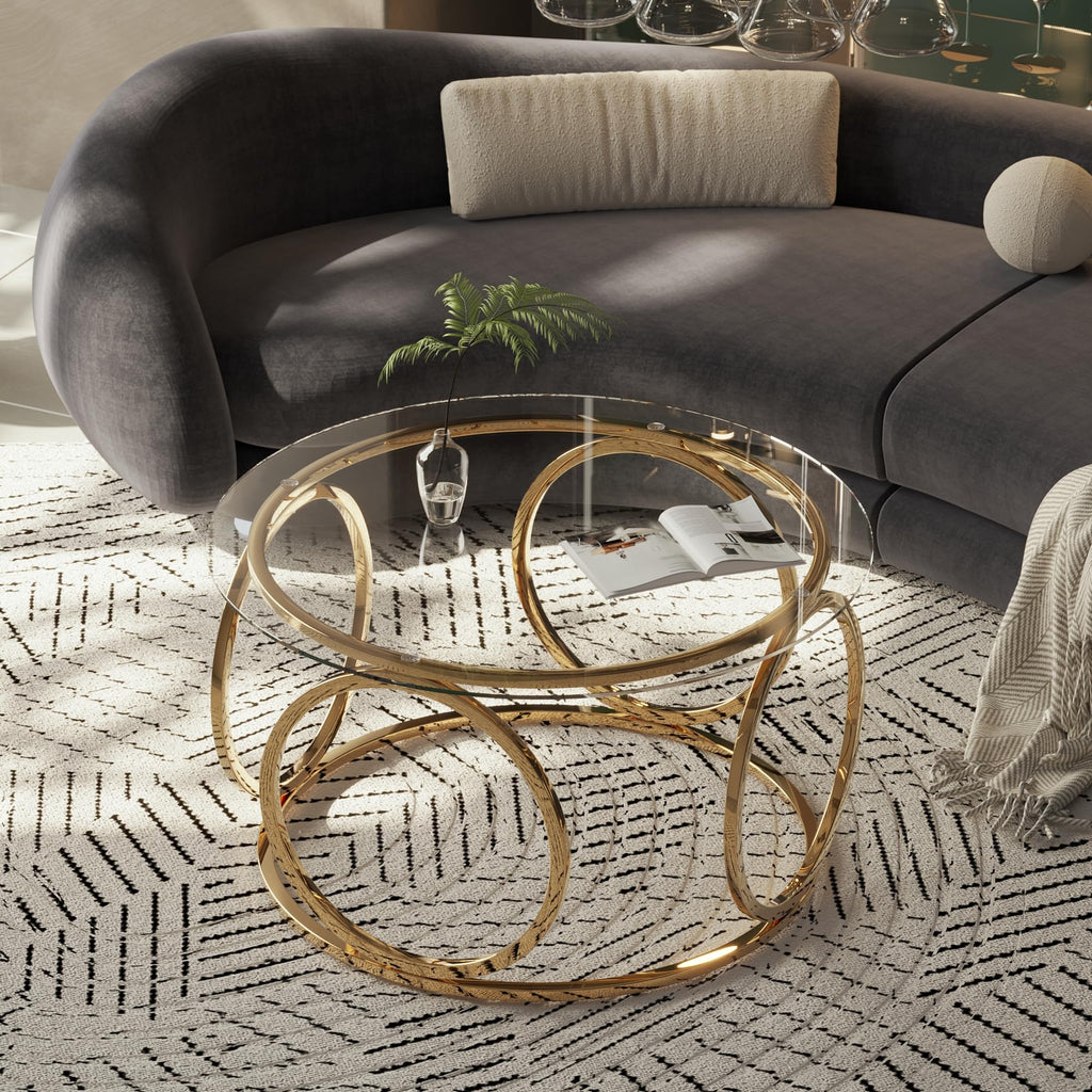 32" Tempered Glass Round Coffee Table Modern Gold Frame Ring Base Single-Layer Circle Living Room Center Tables
