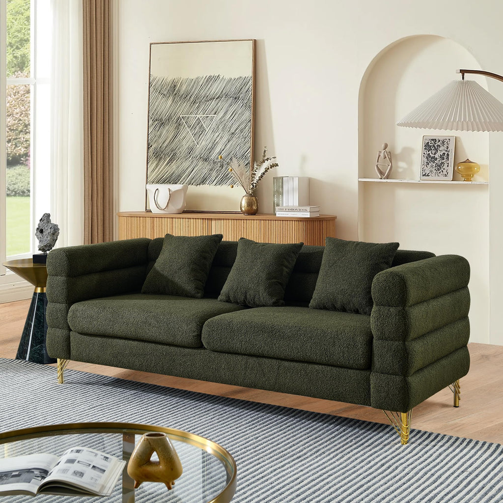 mikibama Modern Teddy Sectional Sofa, 81 Inch Oversized Sofa Couch, Luxury 3 Seater Deep Couch with 3 Pillows and Gold Metal Legs for Living Room, Bedroom, Apartment (Black)