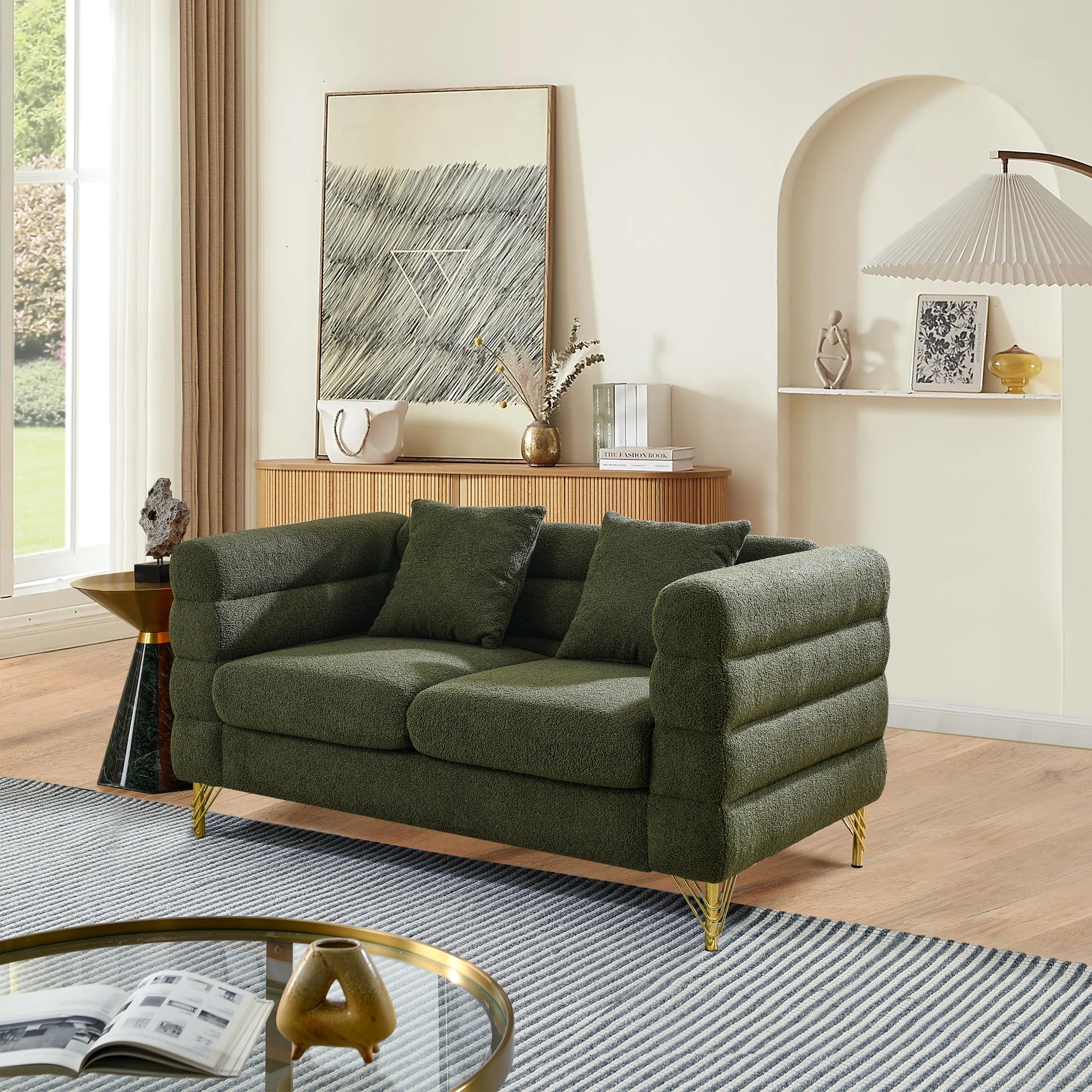 mikibama Modern Teddy Sectional Sofa, 81 Inch Oversized Sofa Couch, Luxury 3 Seater Deep Couch with 3 Pillows and Gold Metal Legs for Living Room, Bedroom, Apartment (Black)