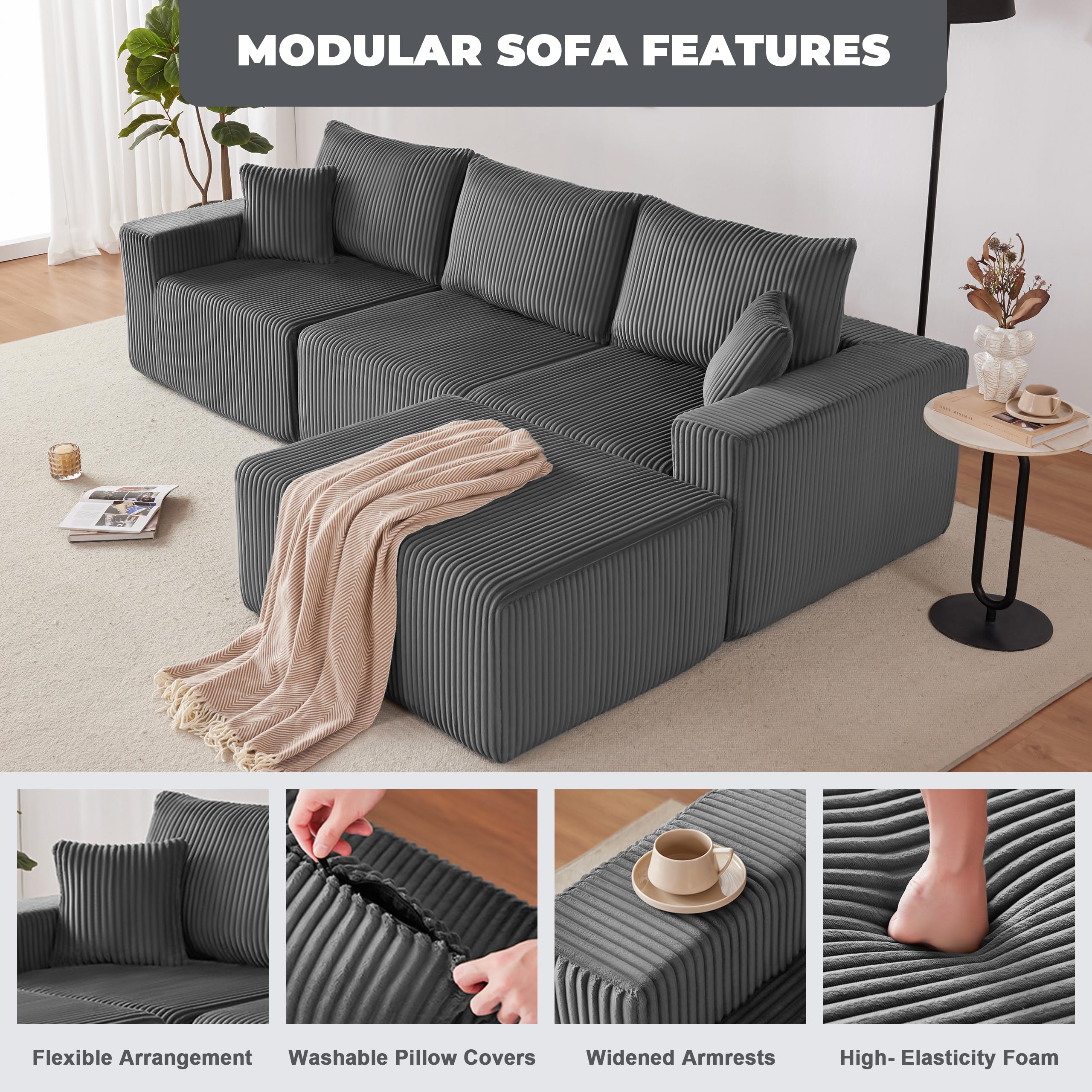 108” Modular Sectional Sofa, Cloud Sectional Couch with Deep Seat, Modern Modular L-Shape Sofa Couch with Chaise,Upholstered Boneless Couches for Living Room Bedroom (Beige, Left Facing Chaise)