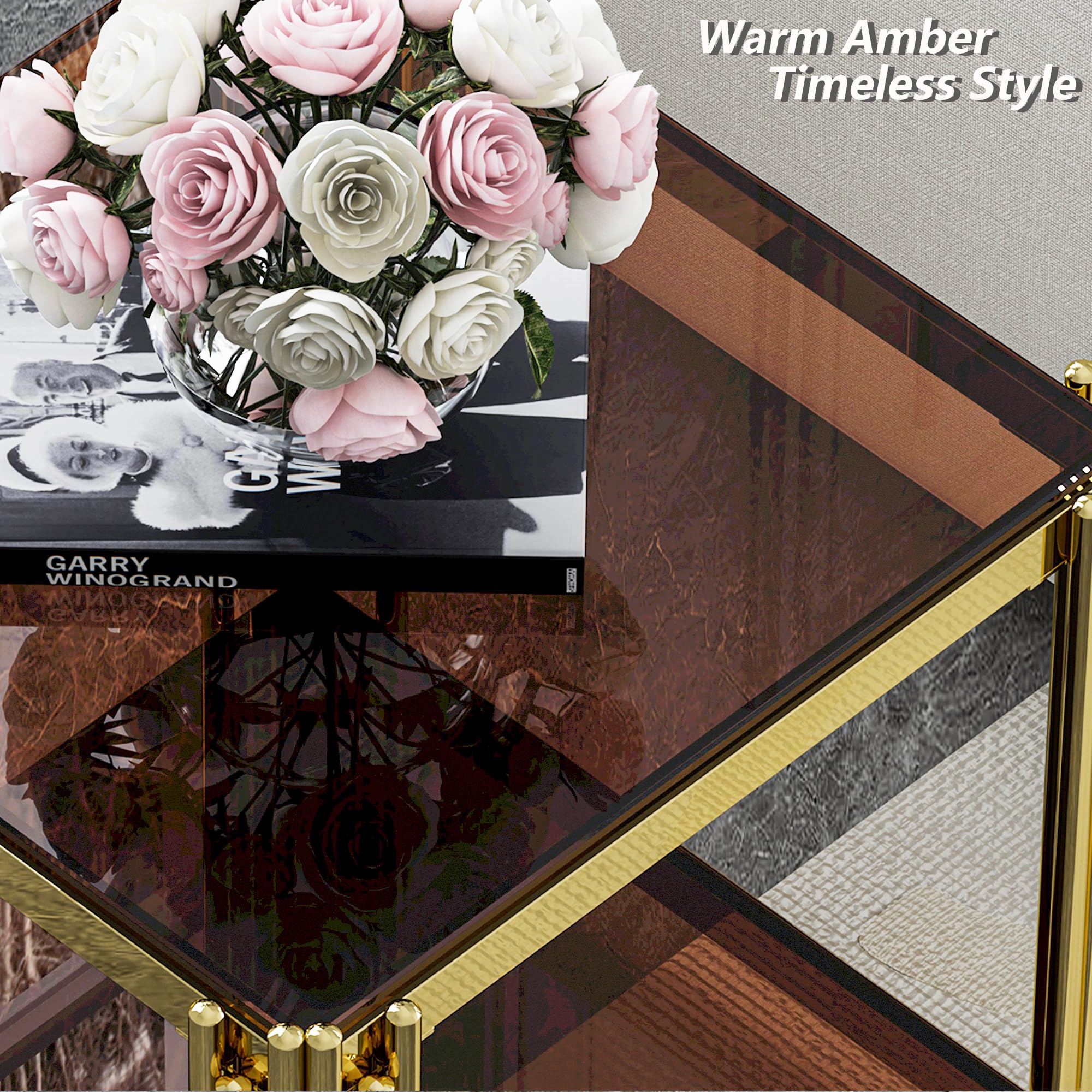 Luxury Gold Square Glass End Table, 19.7" Modern Side Table with Stainless Steel Irregular Leg Clear Tempered Glass Tabletop, Accent Furniture for Living Room, Clear