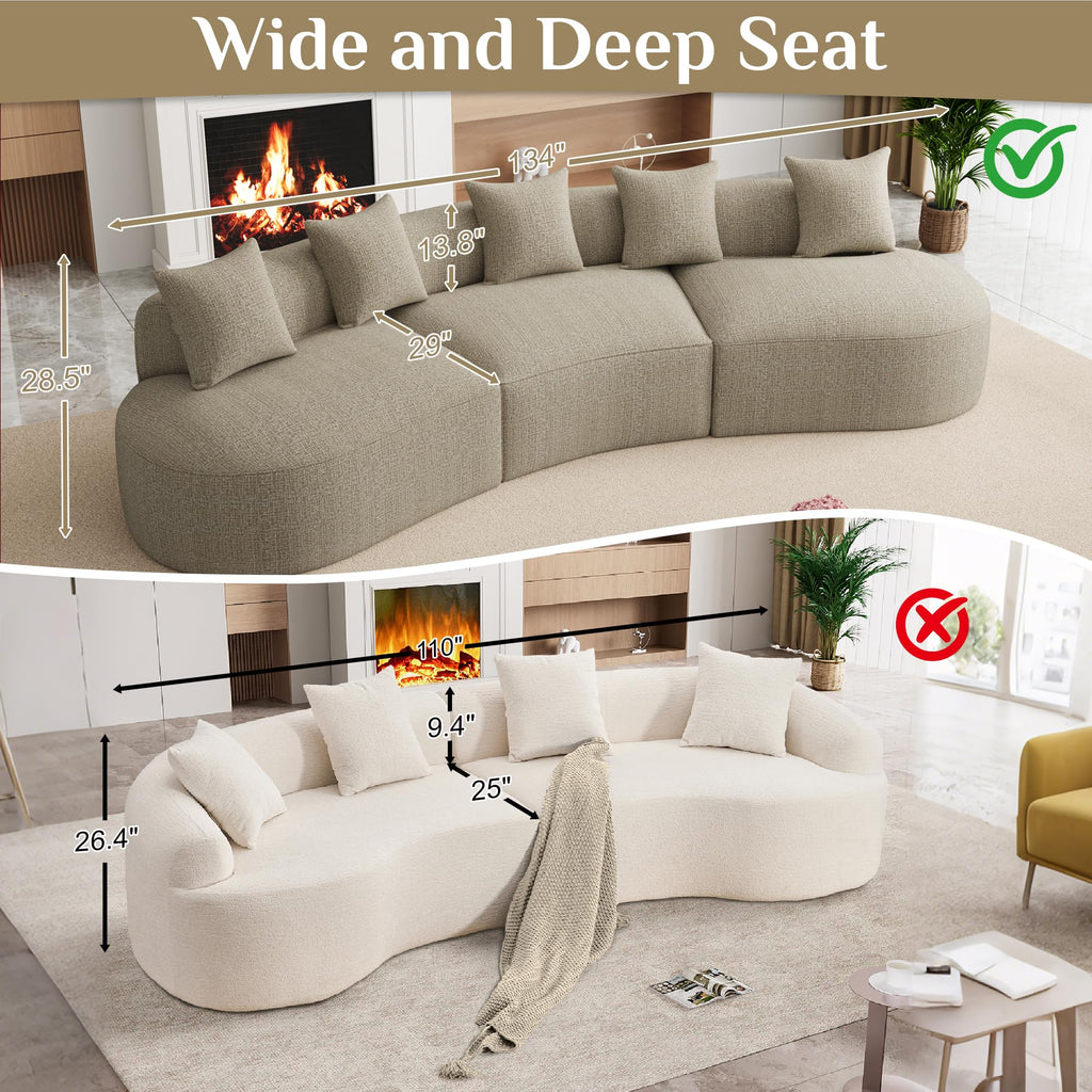 131" Oversized Sectional Sofa for Living Room, Modern Luxury Plush Chenille 4-Seater Extra Deep & Wide Seat Curved Cloud Couch with 4 Throw Pillows, No Assembly Needed, Light Brown