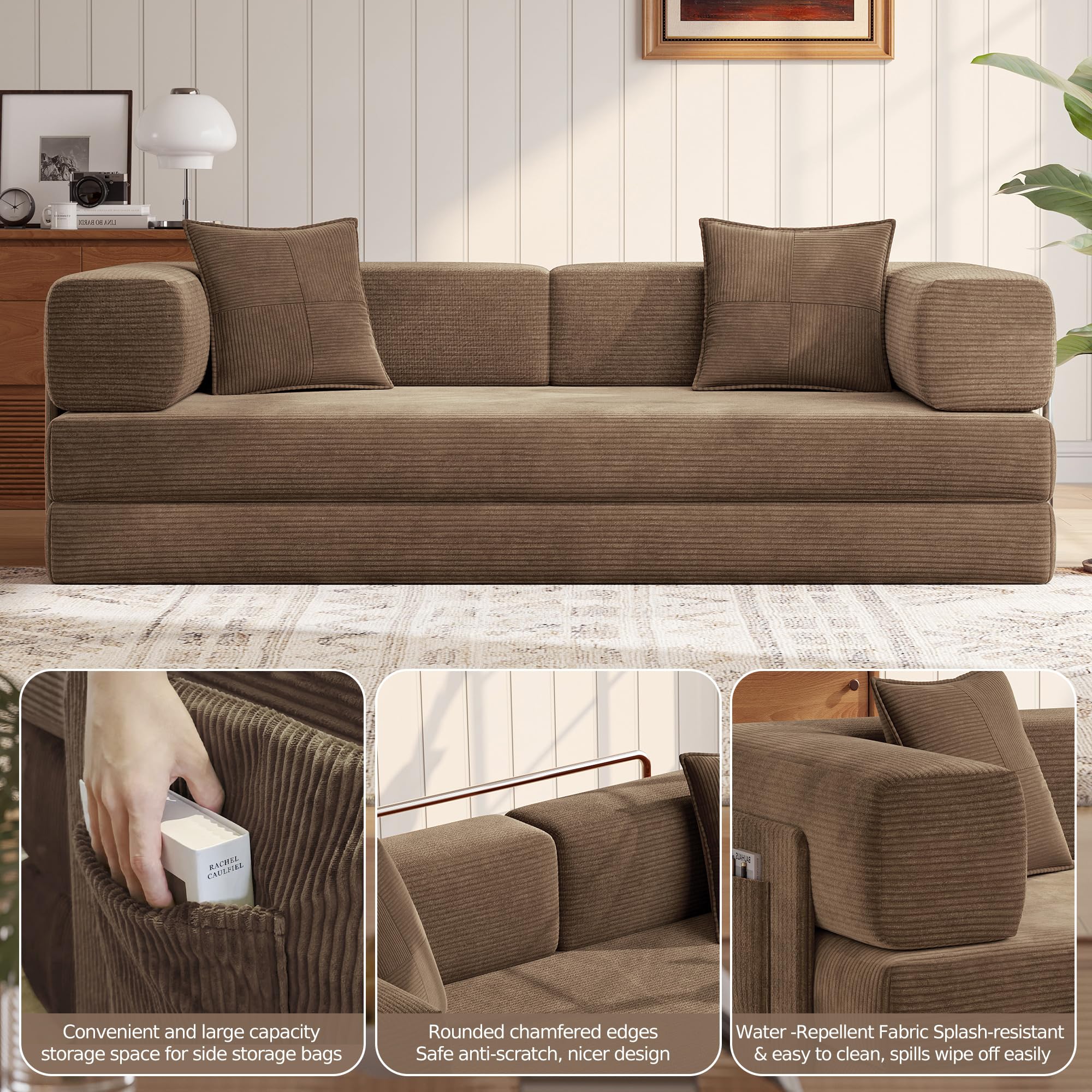 MoonSpeak 78.8''Sleeper Couch Bed for Livingroom,Convertible Modular Sofa with Armrest Pillow,Modular Foldable Corduroy Couches in a Box,No Assembly (Green)