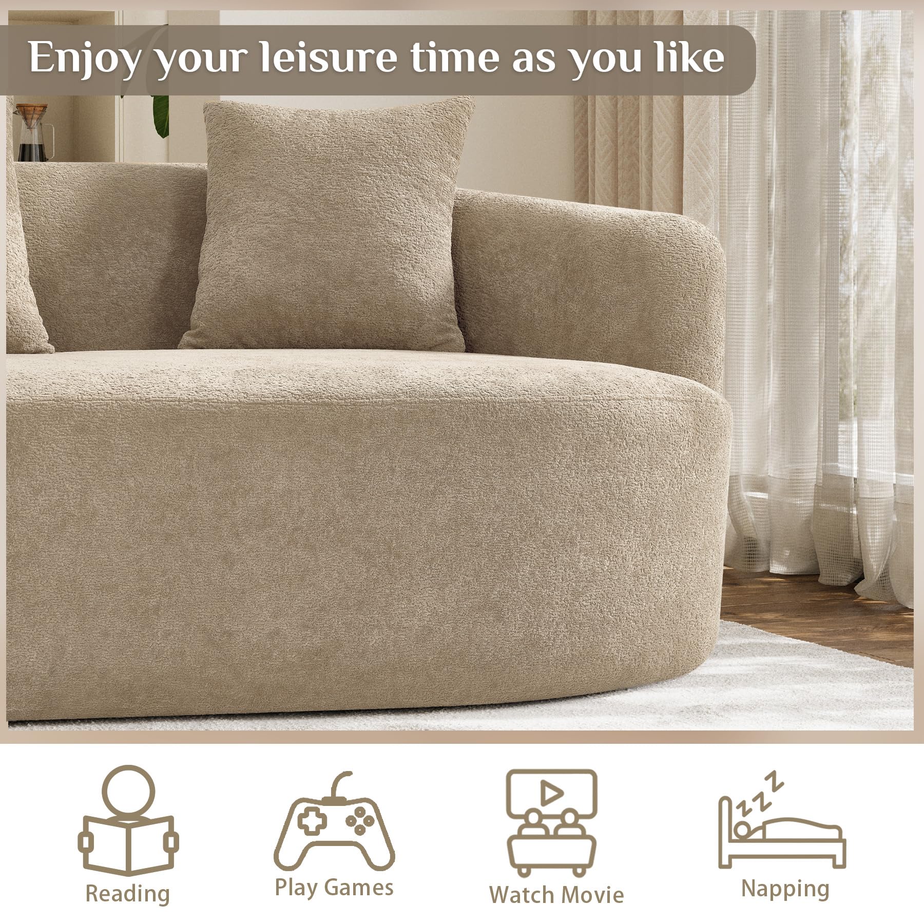 131" Oversized Sectional Sofa for Living Room, Modern Luxury Plush Chenille 4-Seater Extra Deep & Wide Seat Curved Cloud Couch with 4 Throw Pillows, No Assembly Needed, Light Brown