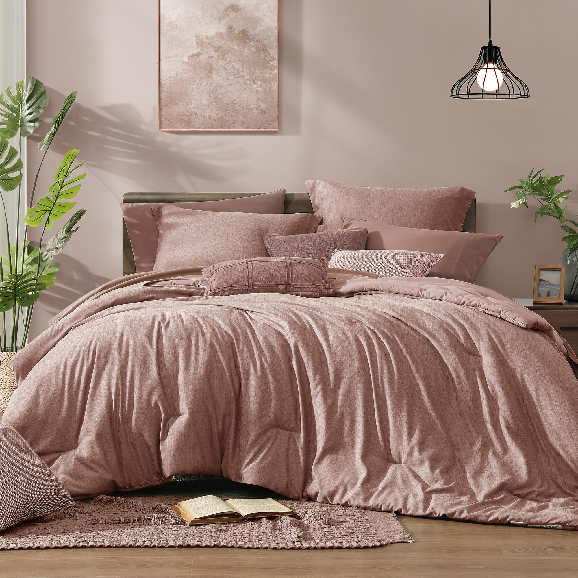 Monbix Queen Comforter Set - 7 Pieces Cationic Dyeing Autumn Leaf Bed in a Bag Queen Bedding Sets with Comforter, Sheets, Pillowcases & Shams, Reversible Bedding Comforters Sets