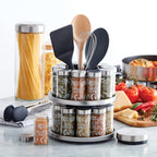 Kamenstein 20 Jar Revolving Countertop Spice Rack with Spices Included, FREE Spice Refills for 5 Years, Polished Stainless Steel with Black Caps, 30020