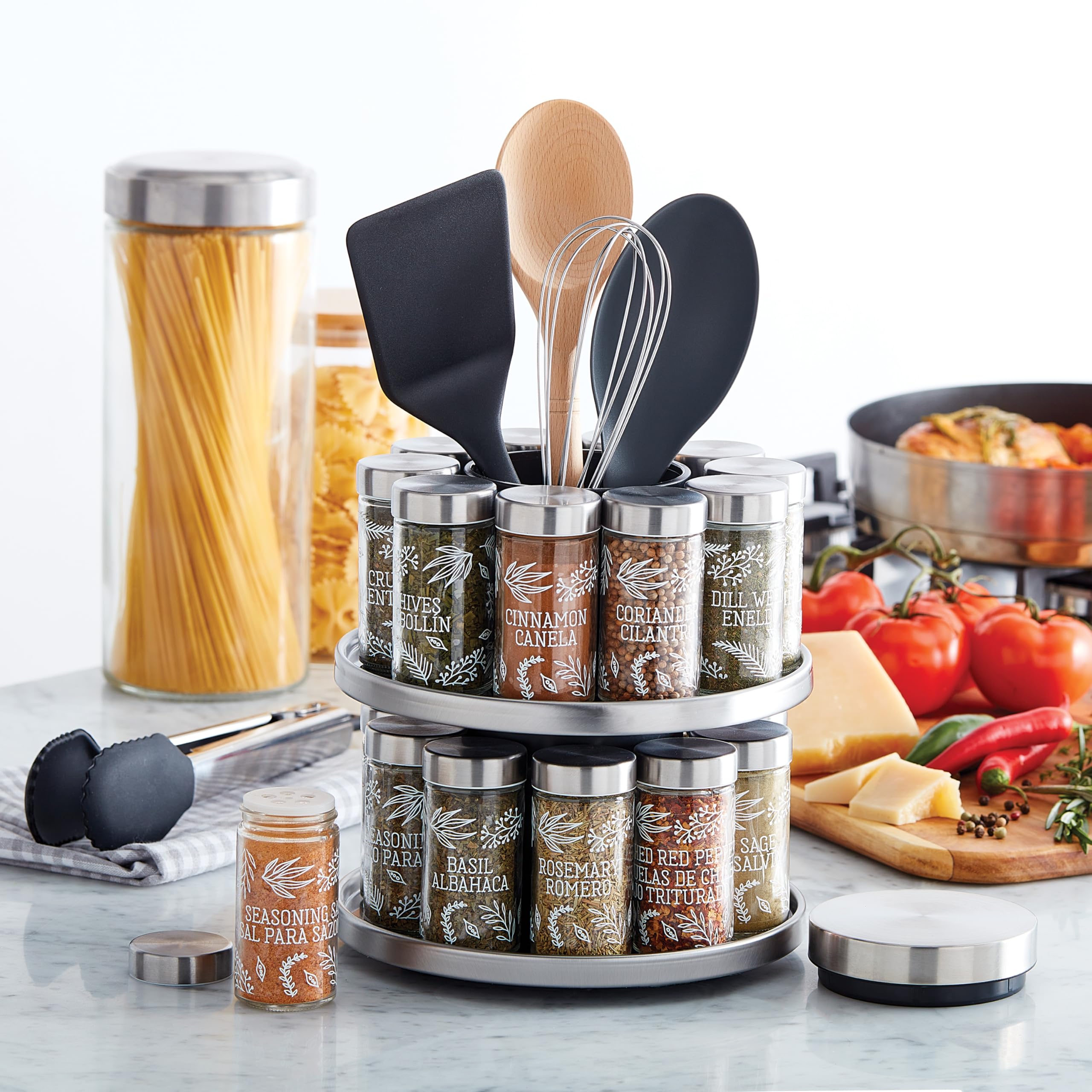 Kamenstein 20 Jar Revolving Countertop Spice Rack with Spices Included, FREE Spice Refills for 5 Years, Polished Stainless Steel with Black Caps, 30020