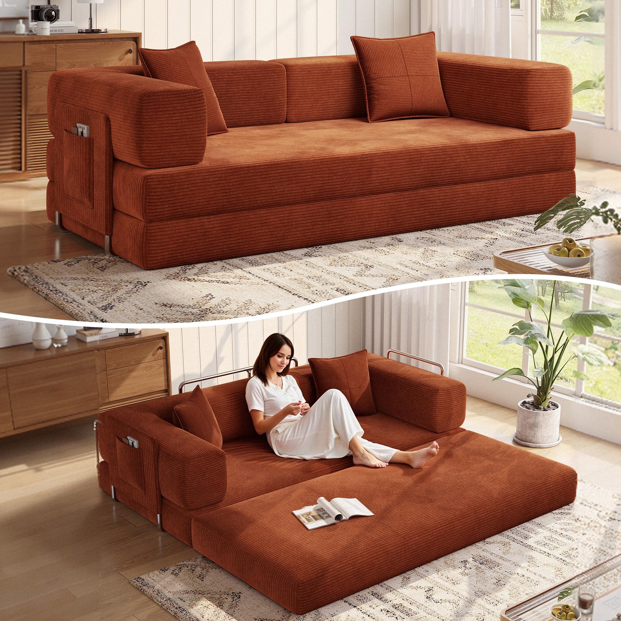 MoonSpeak 78.8''Sleeper Couch Bed for Livingroom,Convertible Modular Sofa with Armrest Pillow,Modular Foldable Corduroy Couches in a Box,No Assembly (Green)