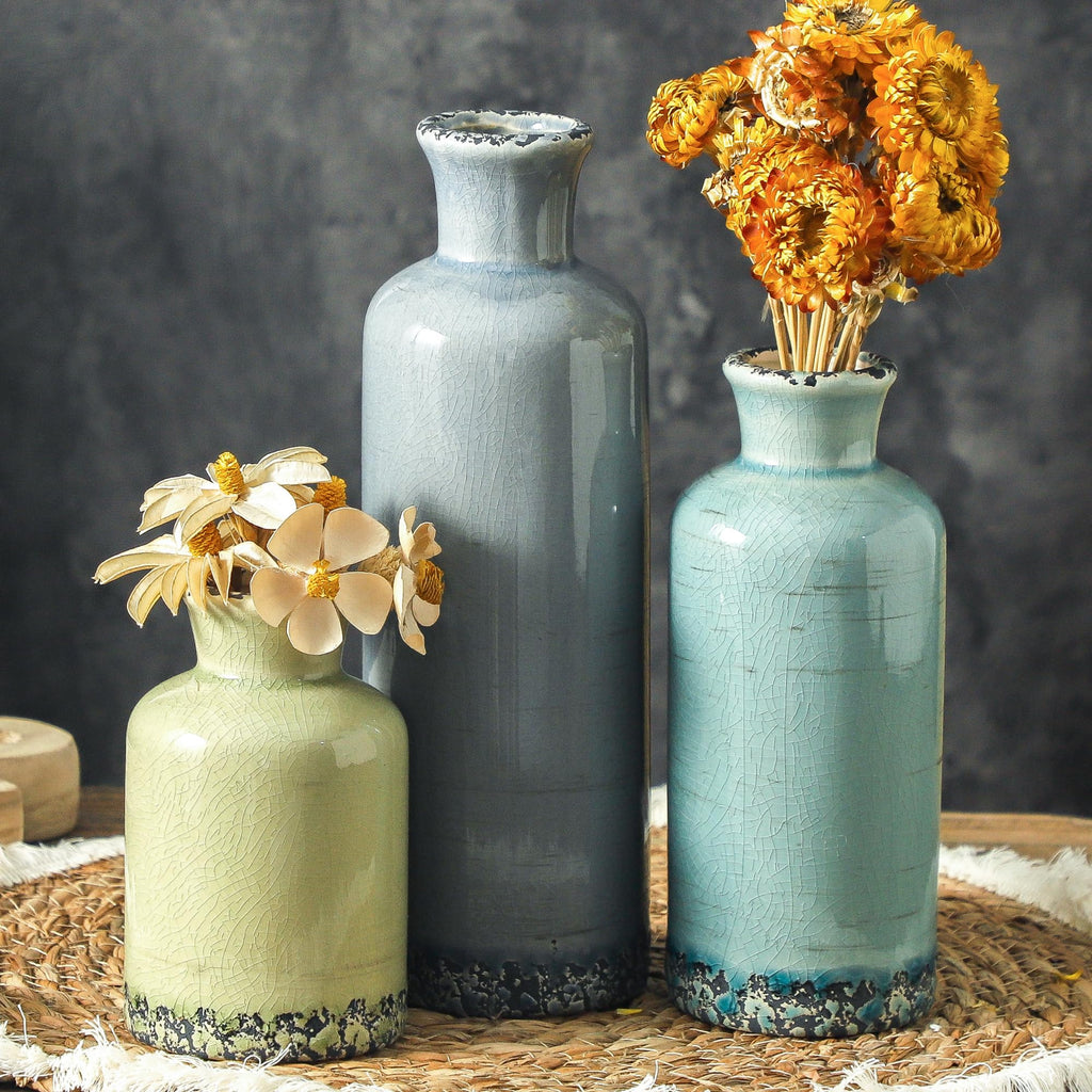 Vintage Vase Set of 3, Ceramic Vintage Flower Vases, Chinoiserie Decorative Home Decor Retro Floral Vase Rustic Farmhouse Decor for Table Bookshelf Mantel Kitchen Living Room Office - Green and Beige