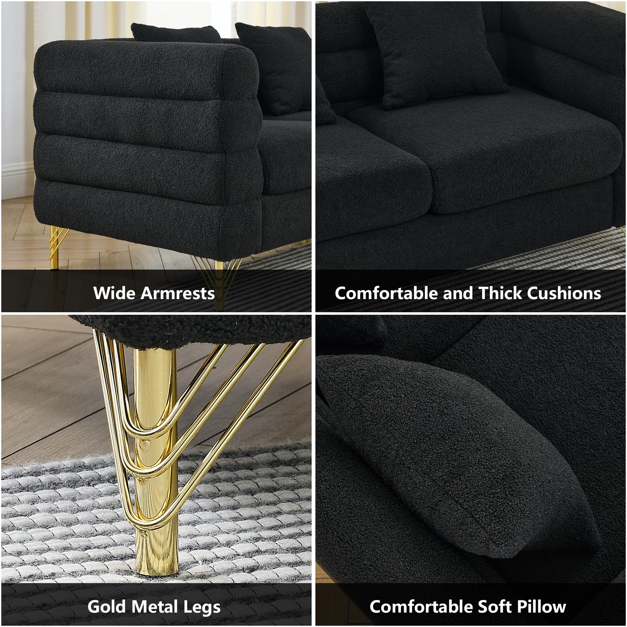 mikibama Modern Teddy Sectional Sofa, 81 Inch Oversized Sofa Couch, Luxury 3 Seater Deep Couch with 3 Pillows and Gold Metal Legs for Living Room, Bedroom, Apartment (Black)
