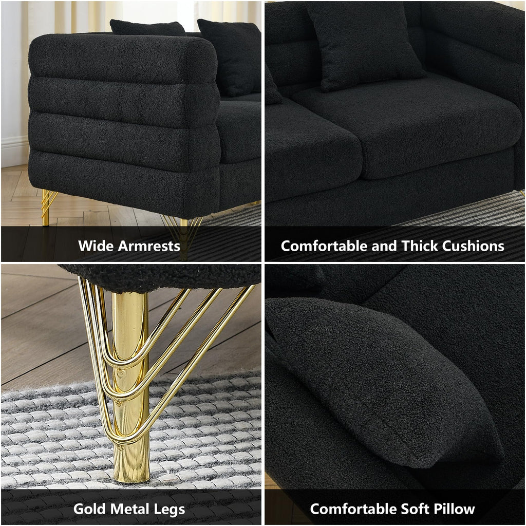 mikibama Modern Teddy Sectional Sofa, 81 Inch Oversized Sofa Couch, Luxury 3 Seater Deep Couch with 3 Pillows and Gold Metal Legs for Living Room, Bedroom, Apartment (Black)
