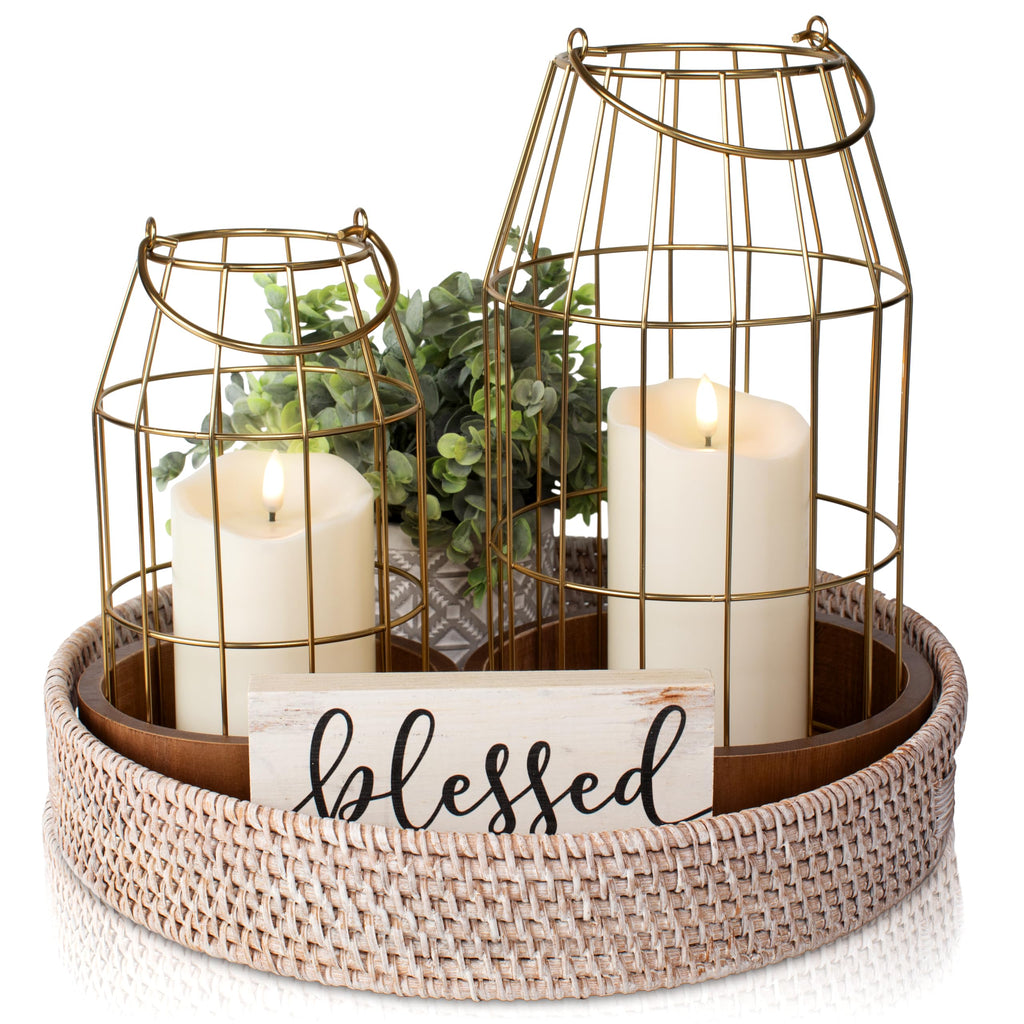 Rustic Farmhouse Lantern Decor Set of 2 - Stylish Decorative Lanterns for Your Living Room, Patio & Porch or Kitchen Dining Table - Modern Indoor/Outdoor Coffee Table Decor for Your Entire Home