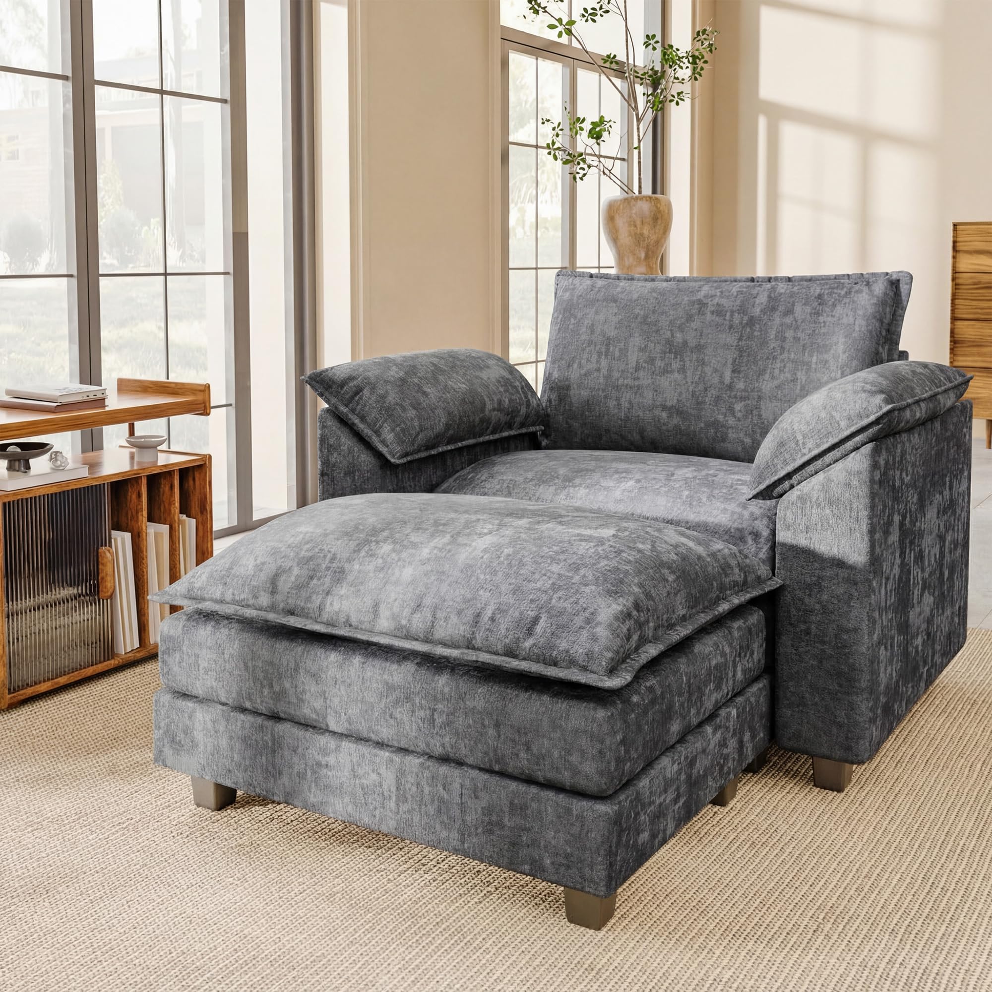 JUMMICO 40" Chaise Lounge Chair for Single Comfy Upholstered Deep Seat Reading Arm Chair Clould Couch for Living Room, Apartment Office, Small Spaces (Dark Blue-3, Single Sofa)