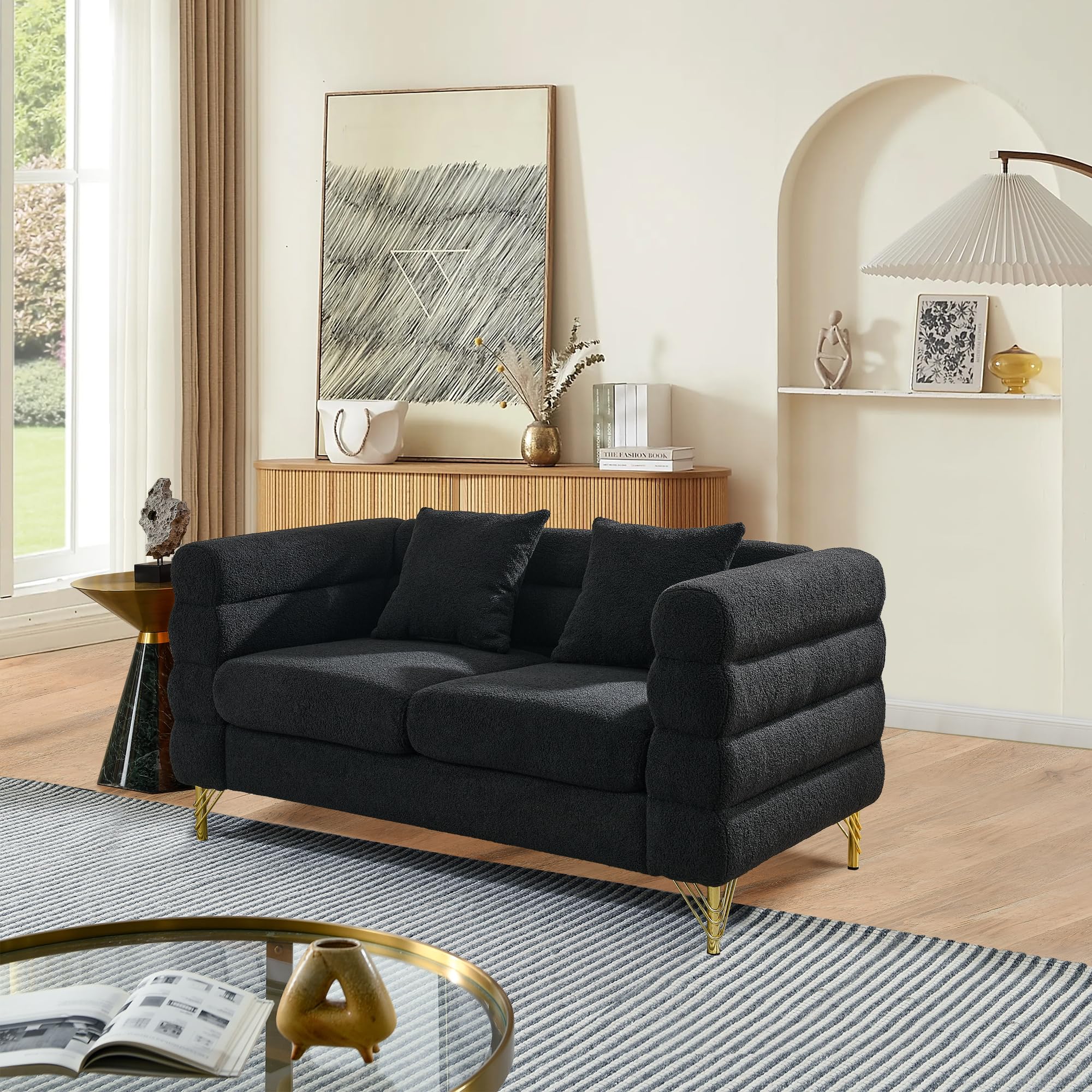 mikibama Modern Teddy Sectional Sofa, 81 Inch Oversized Sofa Couch, Luxury 3 Seater Deep Couch with 3 Pillows and Gold Metal Legs for Living Room, Bedroom, Apartment (Black)
