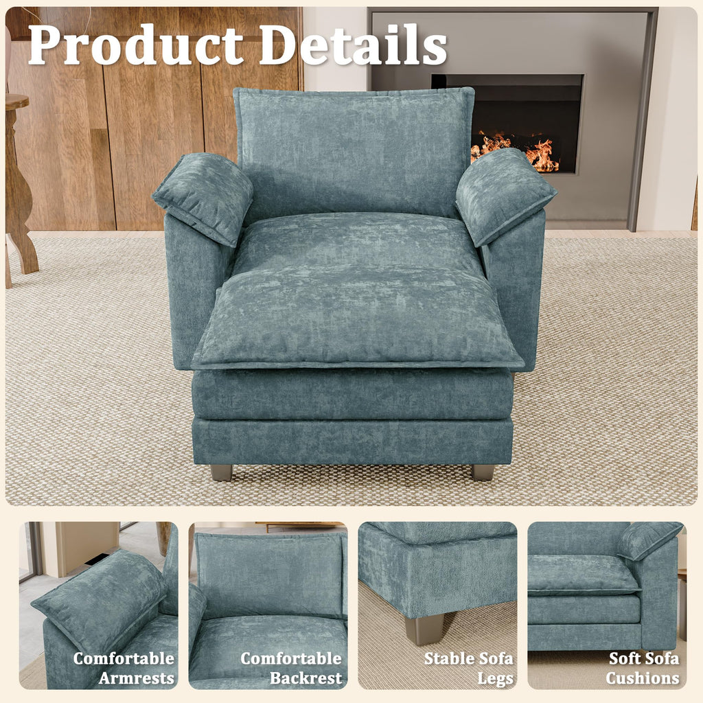 JUMMICO 40" Chaise Lounge Chair for Single Comfy Upholstered Deep Seat Reading Arm Chair Clould Couch for Living Room, Apartment Office, Small Spaces (Dark Blue-3, Single Sofa)