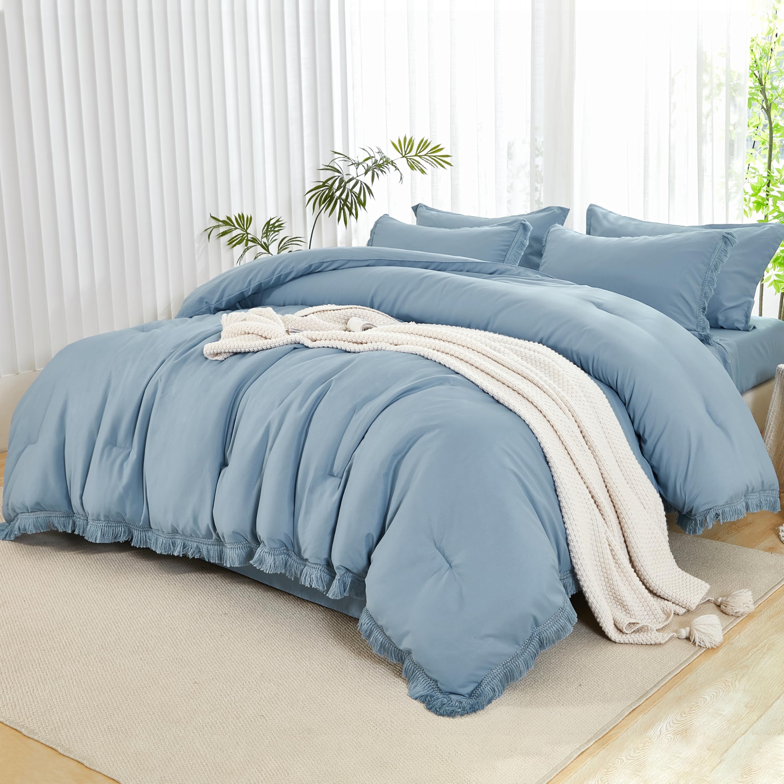 Andency King Size Comforter Set with Sheets Light Pink - 7 Pieces Bed in a Bag Boho Soft Lightweight Bedding Sets, Tassel Bed Set with Comforter, Sheets, Pillowcases & Shams