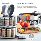 Kamenstein 20 Jar Revolving Countertop Spice Rack with Spices Included, FREE Spice Refills for 5 Years, Polished Stainless Steel with Black Caps, 30020