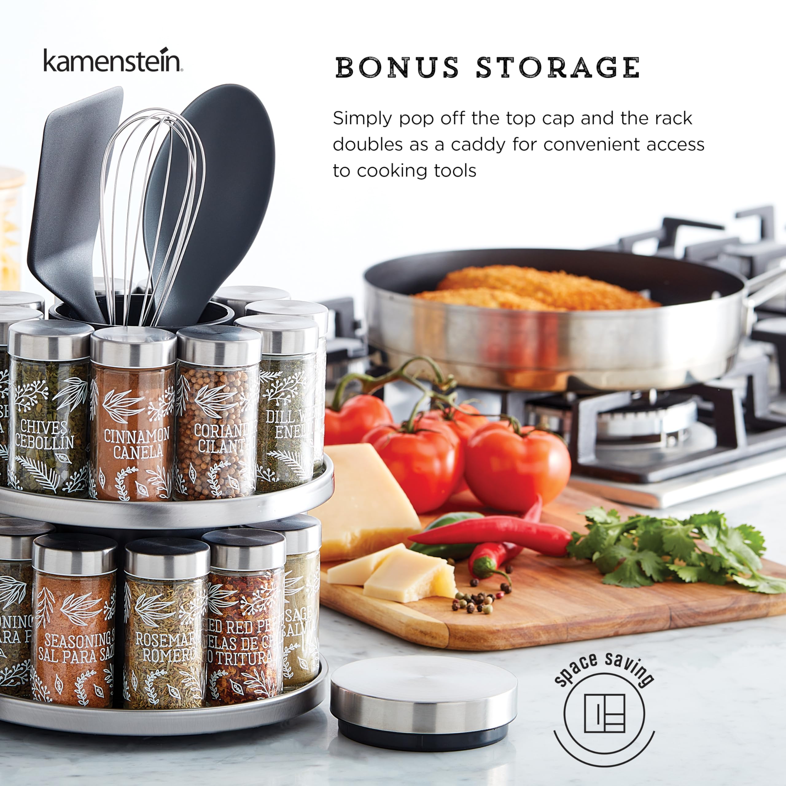 Kamenstein 20 Jar Revolving Countertop Spice Rack with Spices Included, FREE Spice Refills for 5 Years, Polished Stainless Steel with Black Caps, 30020