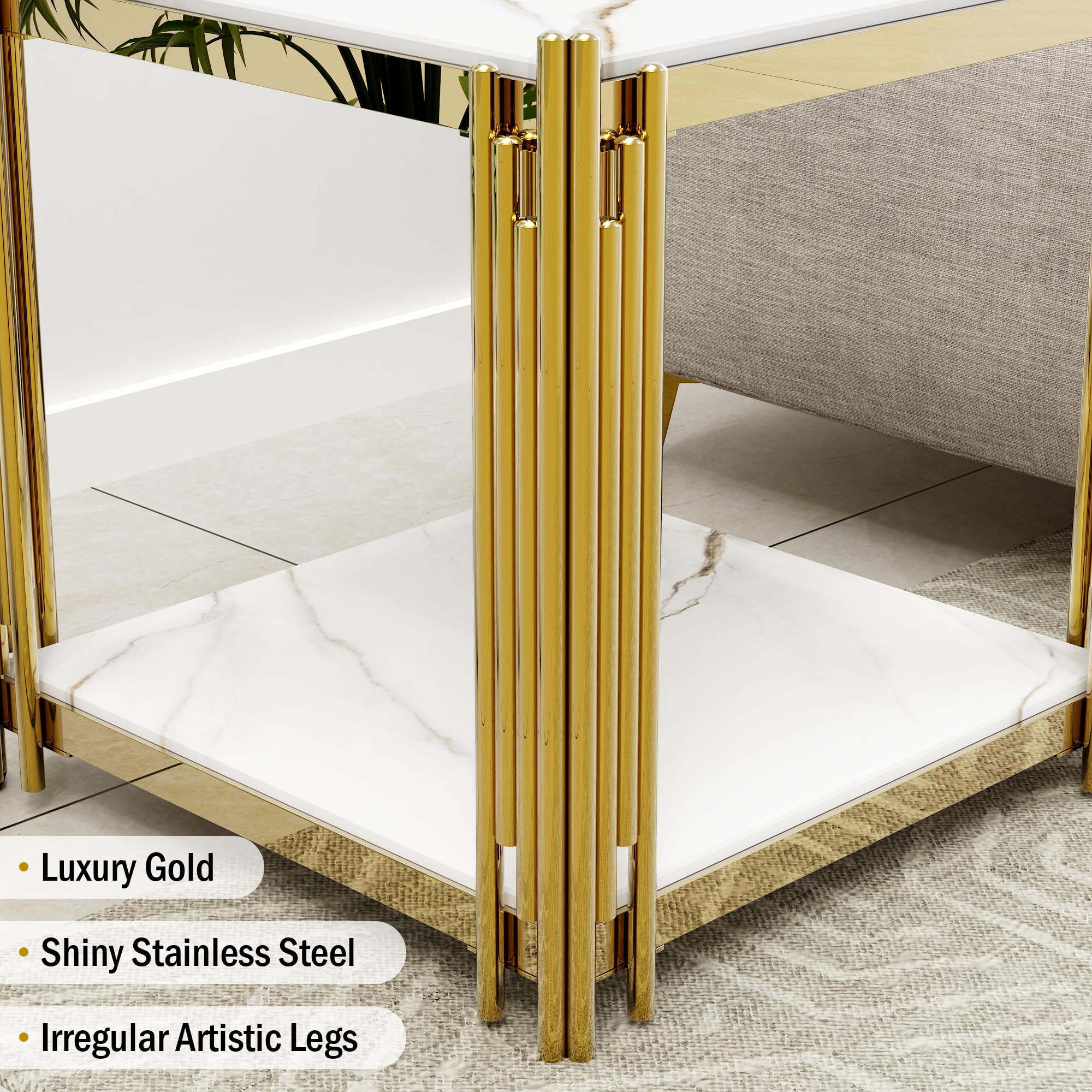 Luxury Gold Square Glass End Table, 19.7" Modern Side Table with Stainless Steel Irregular Leg Clear Tempered Glass Tabletop, Accent Furniture for Living Room, Clear