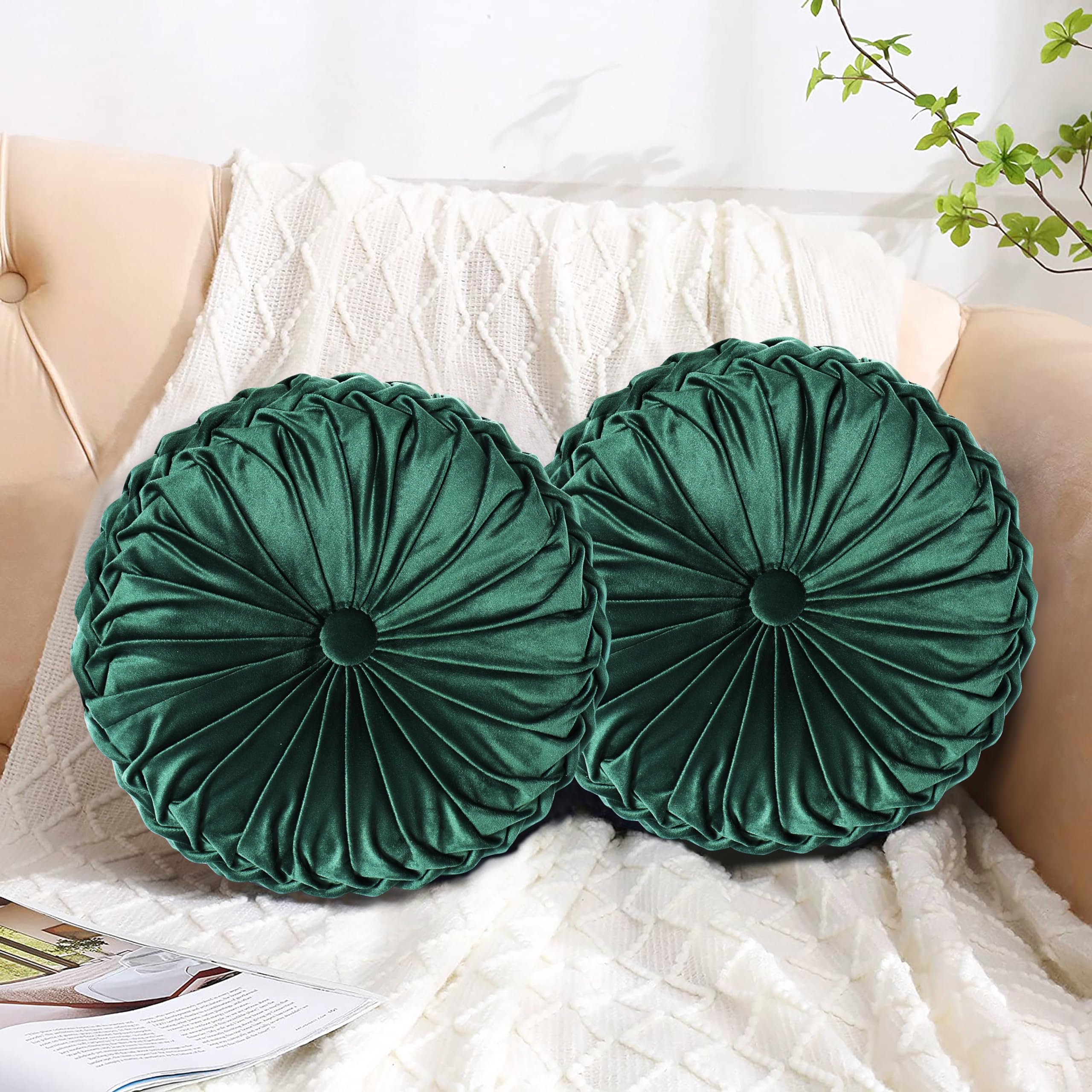 HIG Set of 2 Decorative Round Pleated Throw Pillows,Classy Accent Pumpkin Throw Pillows with Center Button,Vintage Velvet Floor Pillows for Sofa Vanity Chair Bed,Dusty Rose,14.5" Diameter(Ripple)