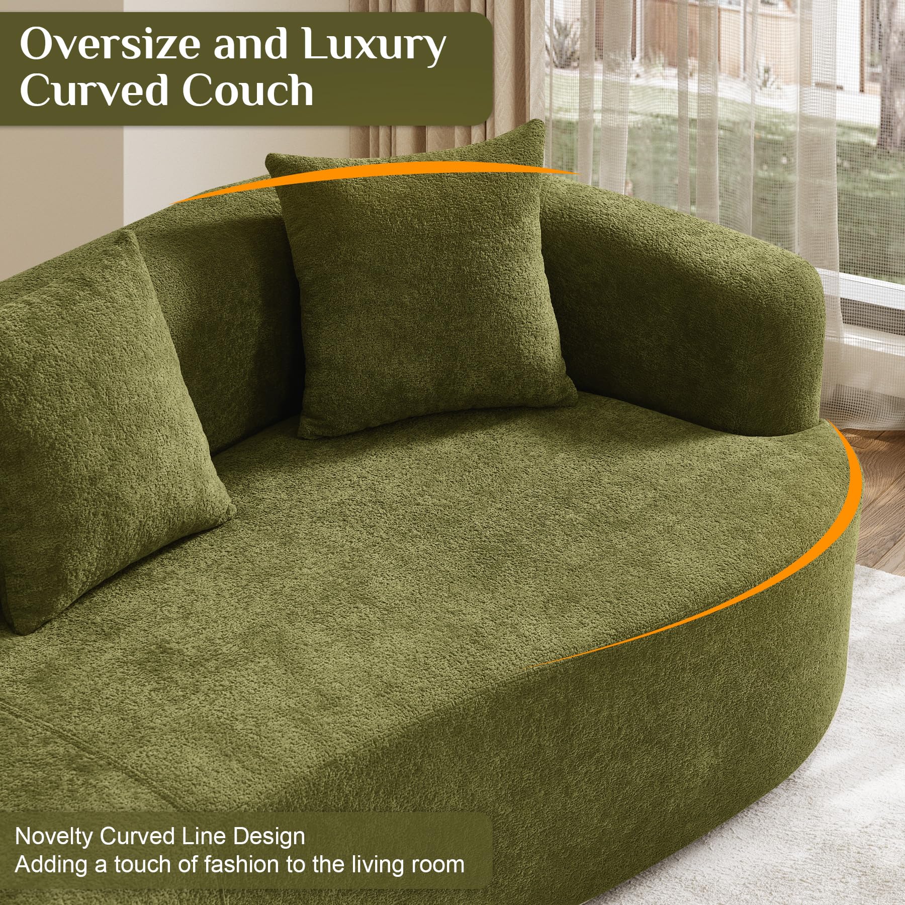 131" Oversized Sectional Sofa for Living Room, Modern Luxury Plush Chenille 4-Seater Extra Deep & Wide Seat Curved Cloud Couch with 4 Throw Pillows, No Assembly Needed, Light Brown