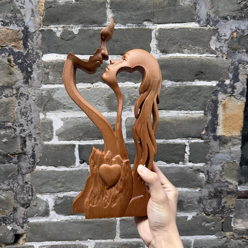BGCOPPER Wooden Kissing Couple Ornament, Abstract Couple Portrait Sculpture Romantic Love Statue Decor Gift for Women Anniversary Valentine Wedding - 10 Inch