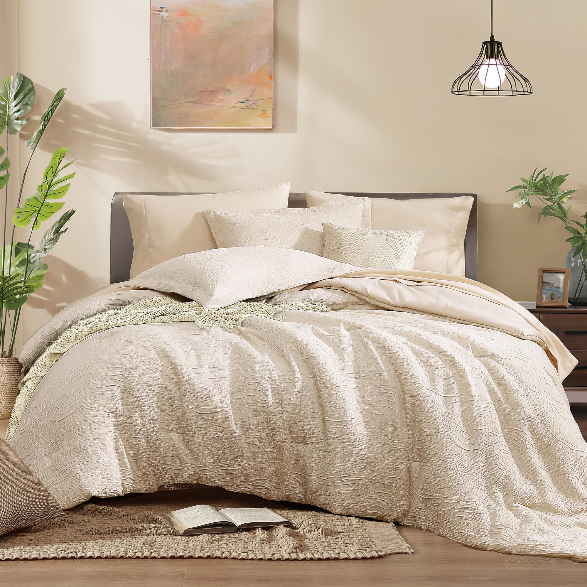 Monbix Queen Comforter Set - 7 Pieces Cationic Dyeing Autumn Leaf Bed in a Bag Queen Bedding Sets with Comforter, Sheets, Pillowcases & Shams, Reversible Bedding Comforters Sets