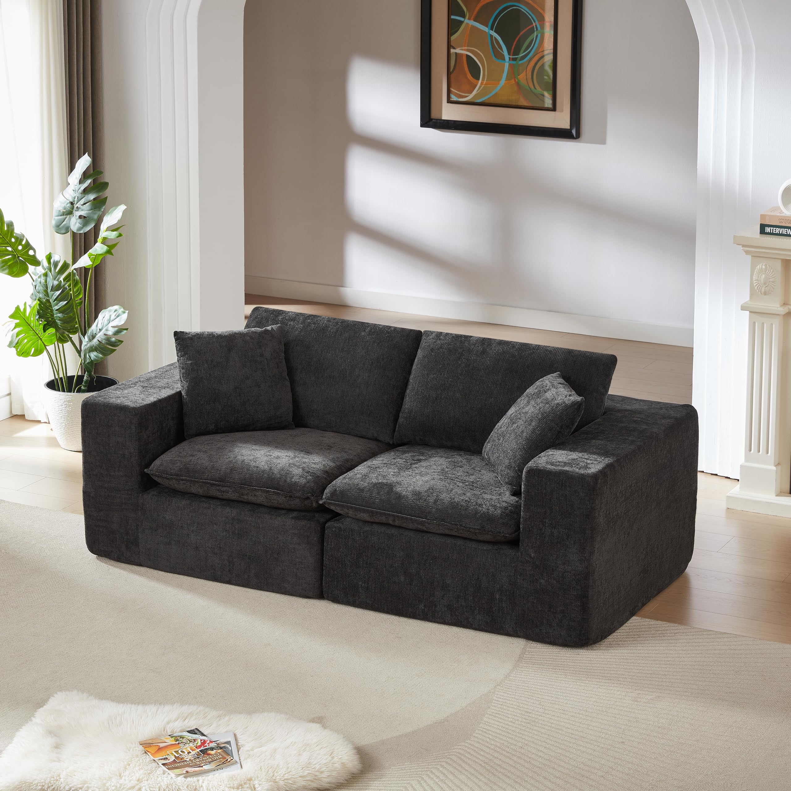 98.4-Inch Oversized Boneless Cloud Couches Deep Seat Foam Sofa Couch with 2 Round Toss Pillows, Luxury Corduroy Upholstered 3 Seat Tufted Loveseat, Cloud Sofa in a Box