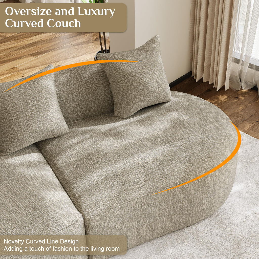 131" Oversized Sectional Sofa for Living Room, Modern Luxury Plush Chenille 4-Seater Extra Deep & Wide Seat Curved Cloud Couch with 4 Throw Pillows, No Assembly Needed, Light Brown