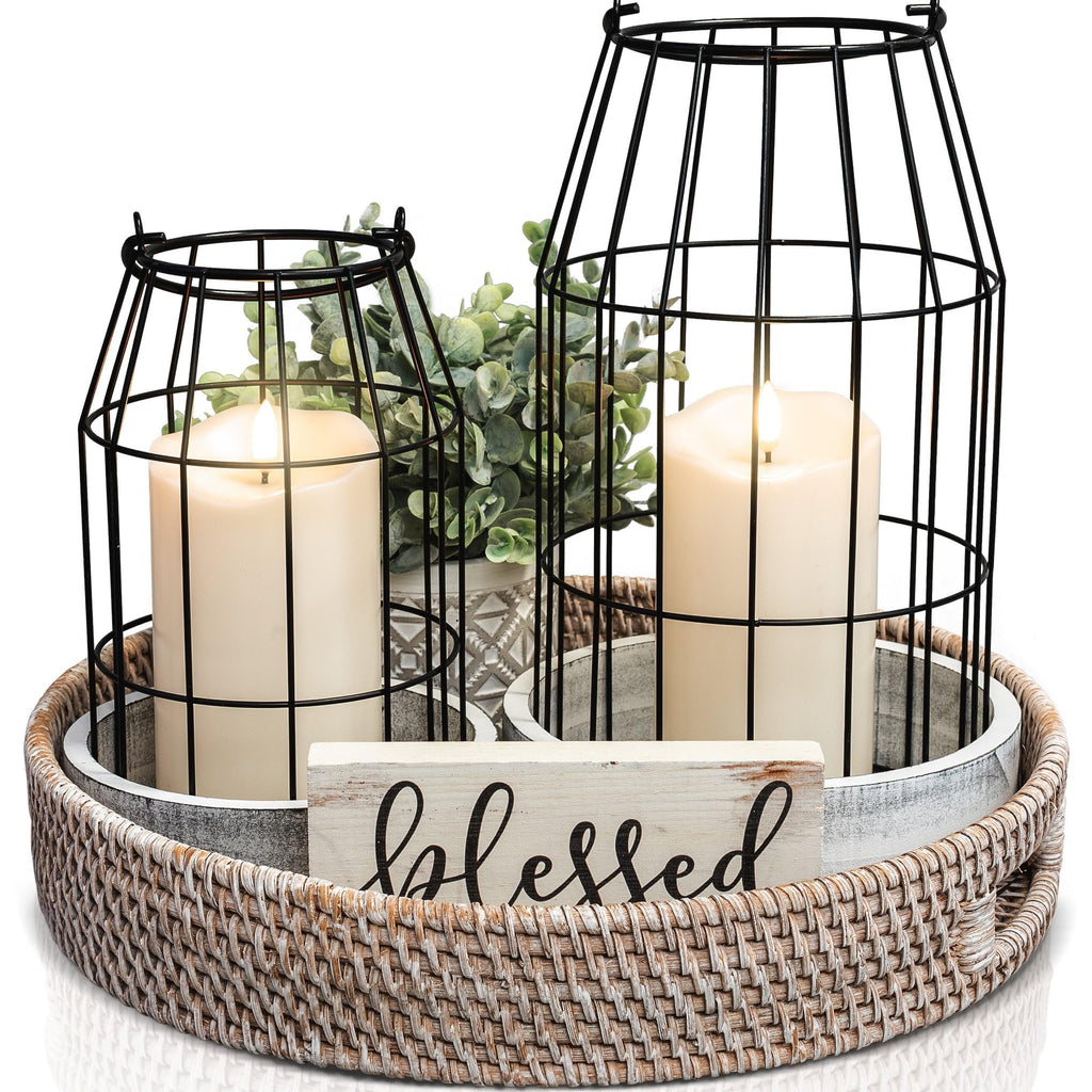 Rustic Farmhouse Lantern Decor Set of 2 - Stylish Decorative Lanterns for Your Living Room, Patio & Porch or Kitchen Dining Table - Modern Indoor/Outdoor Coffee Table Decor for Your Entire Home