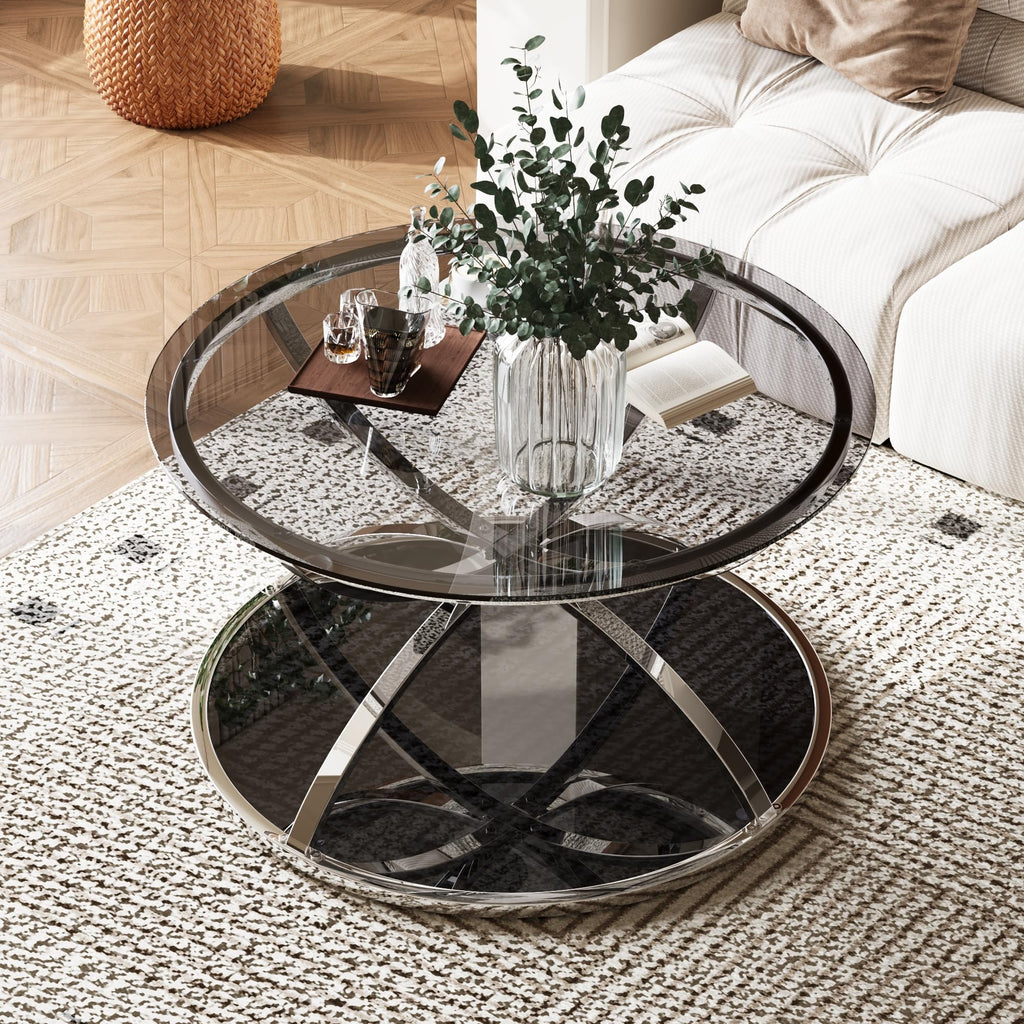 32" Tempered Glass Round Coffee Table Modern Gold Frame Ring Base Single-Layer Circle Living Room Center Tables