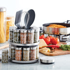 Kamenstein 20 Jar Revolving Countertop Spice Rack with Spices Included, FREE Spice Refills for 5 Years, Polished Stainless Steel with Black Caps, 30020