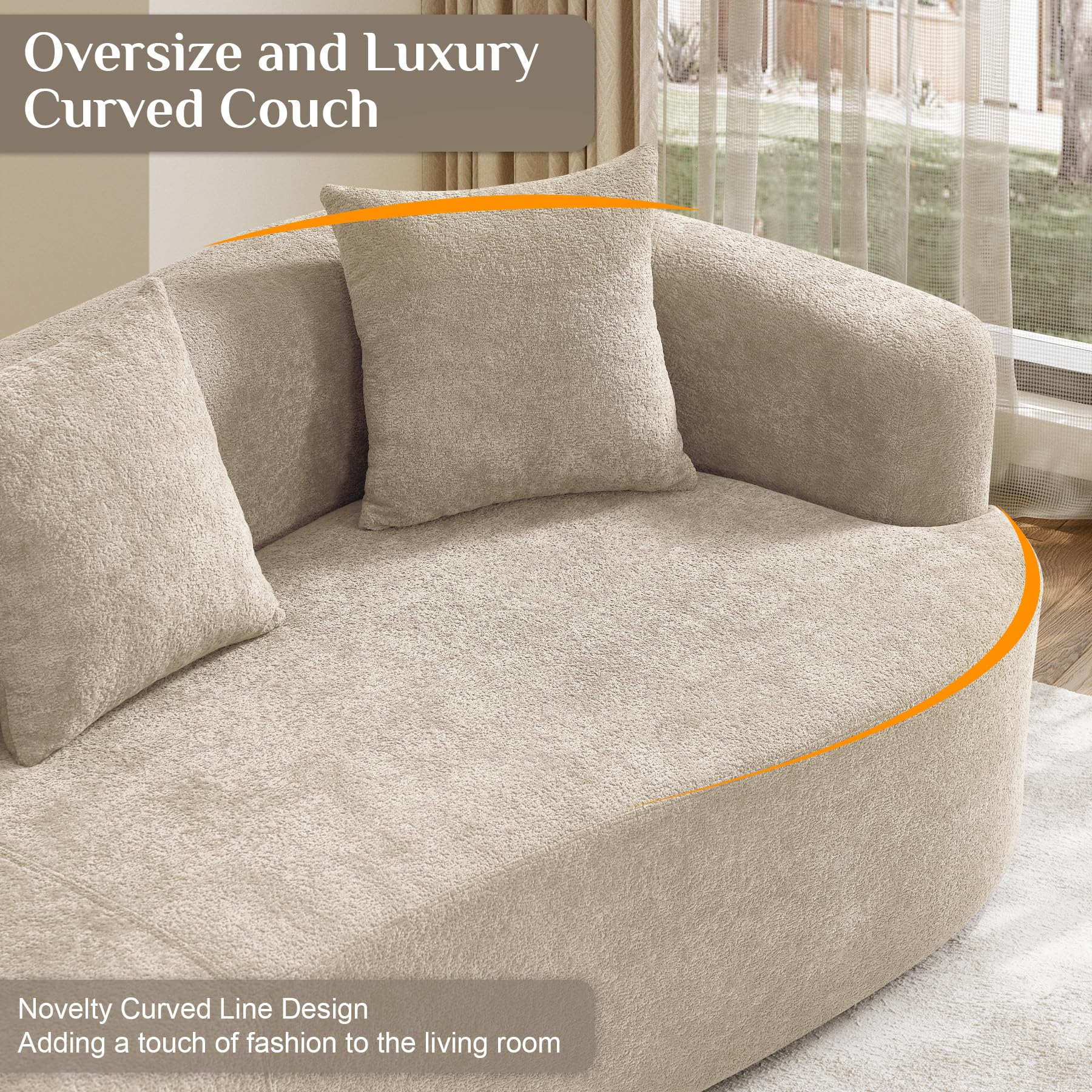 131" Oversized Sectional Sofa for Living Room, Modern Luxury Plush Chenille 4-Seater Extra Deep & Wide Seat Curved Cloud Couch with 4 Throw Pillows, No Assembly Needed, Light Brown