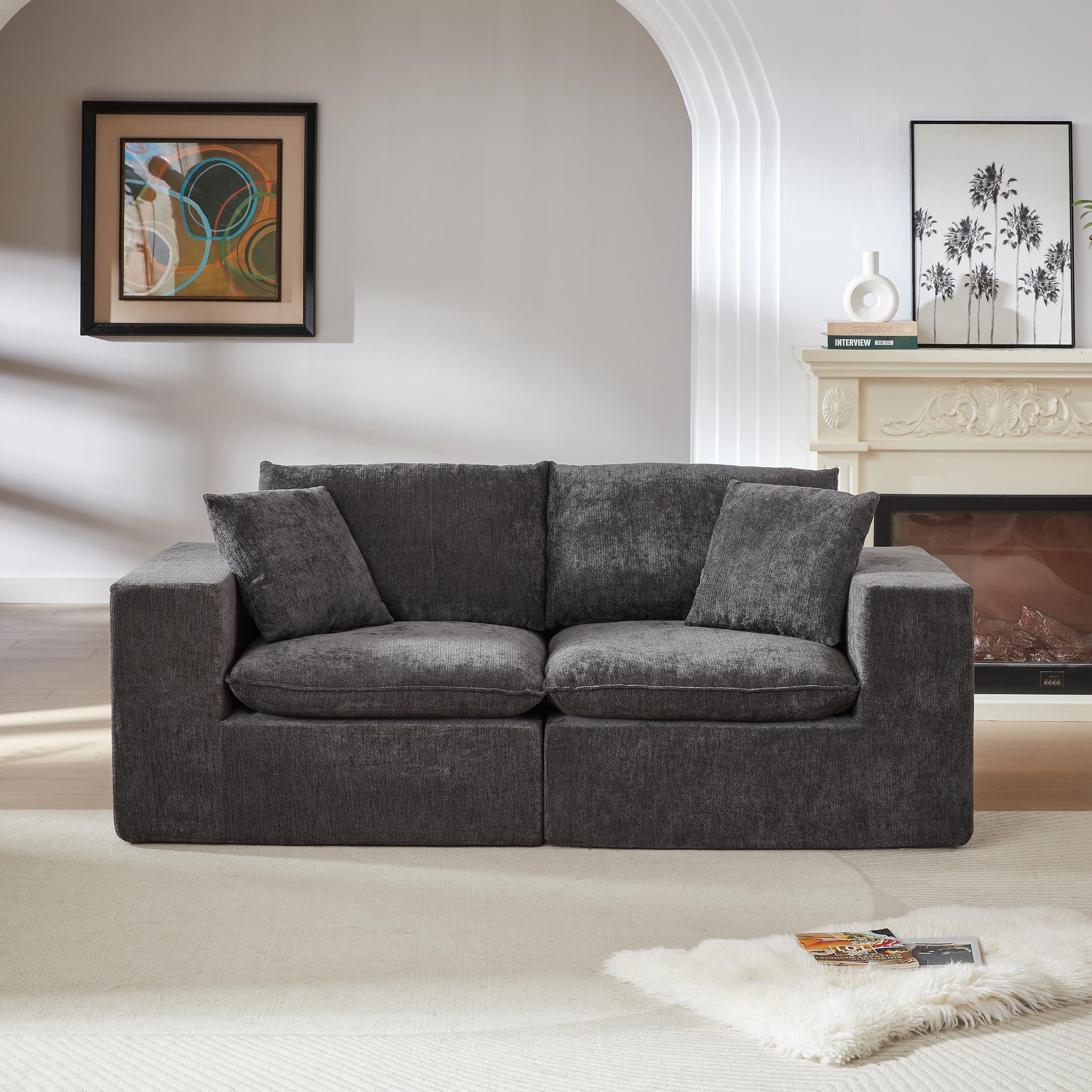 98.4-Inch Oversized Boneless Cloud Couches Deep Seat Foam Sofa Couch with 2 Round Toss Pillows, Luxury Corduroy Upholstered 3 Seat Tufted Loveseat, Cloud Sofa in a Box