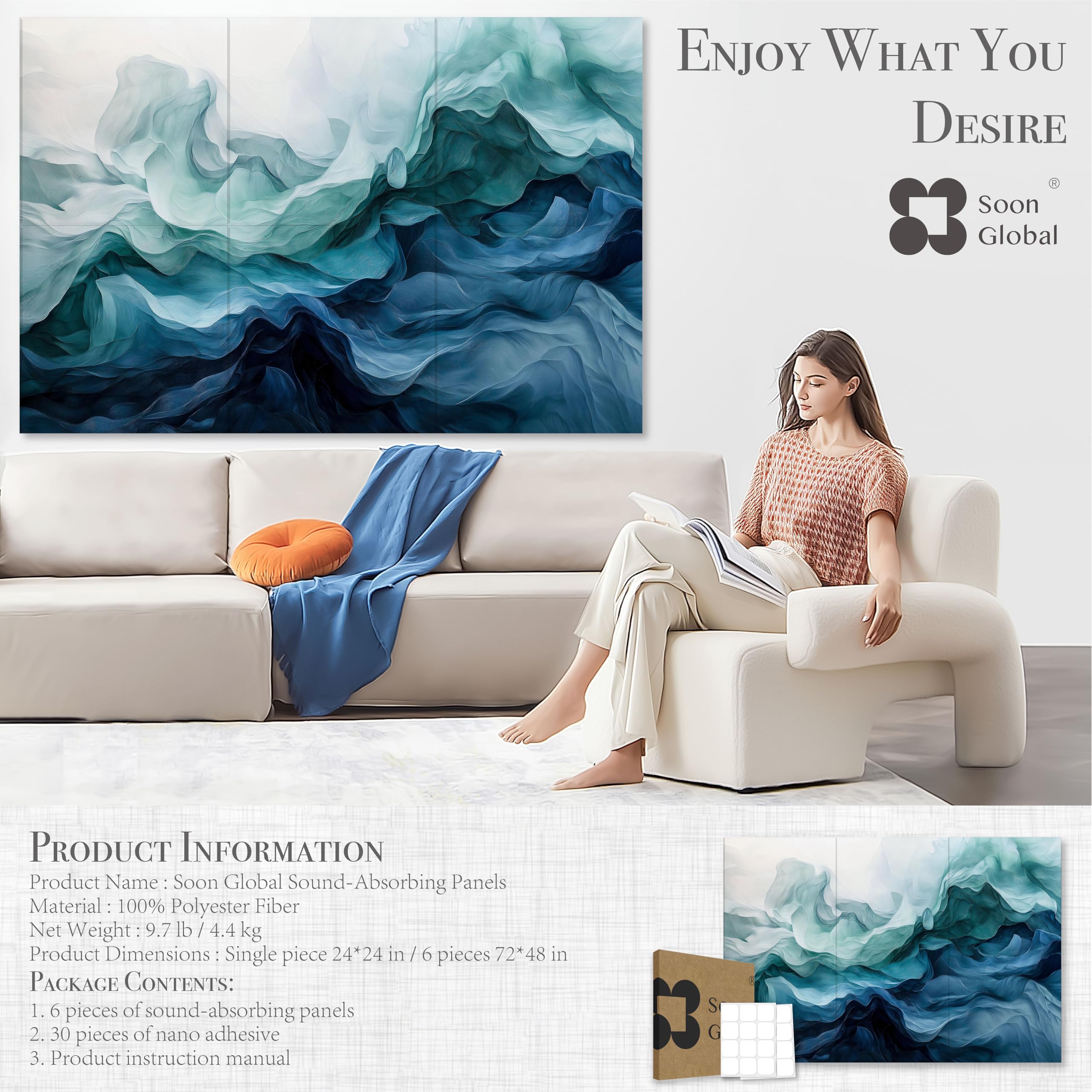 Soon Global Acoustical Wall Panels, 6-Piece 23.62 X 23.62 Inches Art Acoustic Panels, Decorative Acoustic Panels, Acoustic Wall Panels, Sound Absorbing Wall Art, Arcadian Vortex