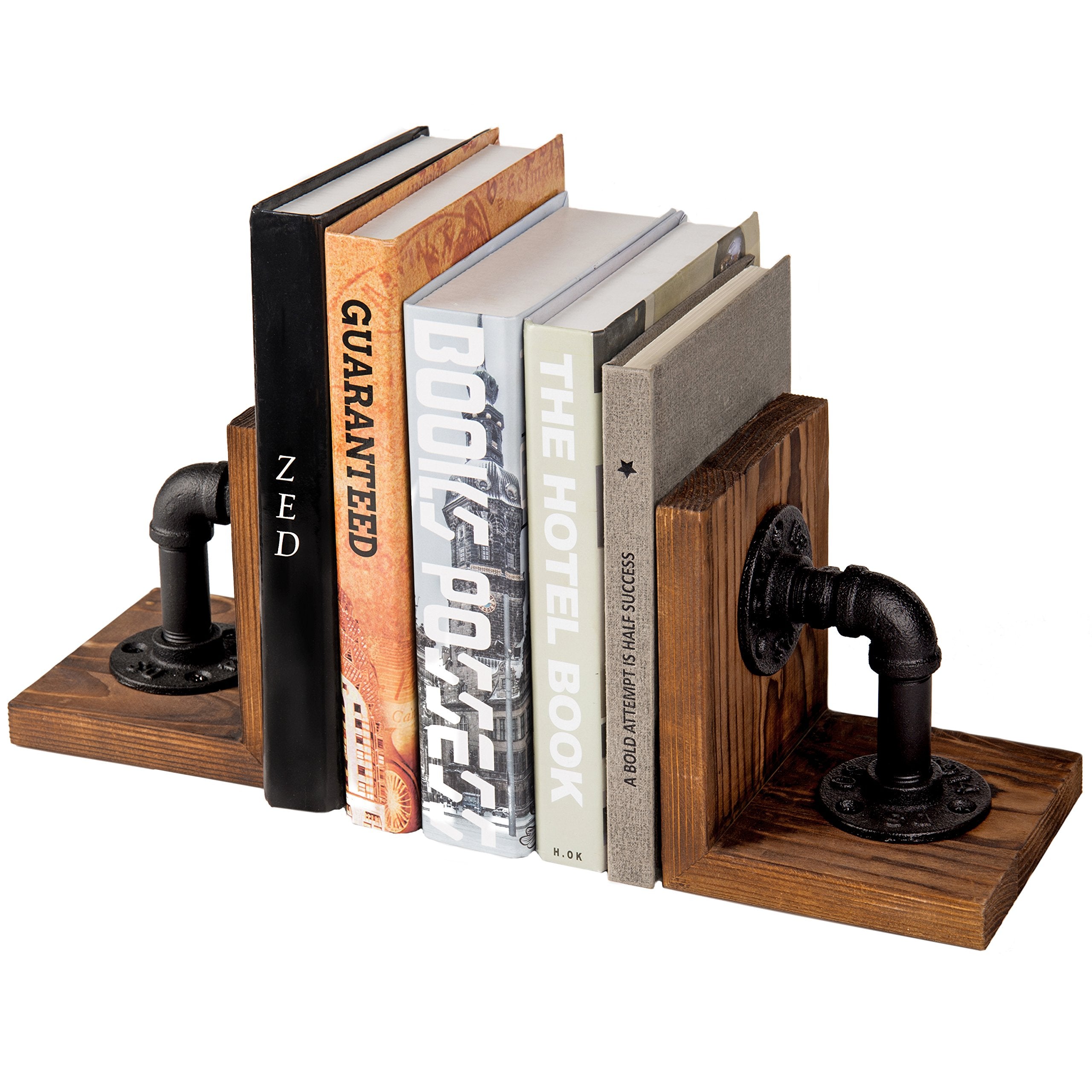 MyGift Book Ends Decorative, Bookends for Shelves, Metal Bookends for Heavy Books, Office Decor for Men, Wood Book Stopper, Realistic Industrial Pipe Design, Dark Brown