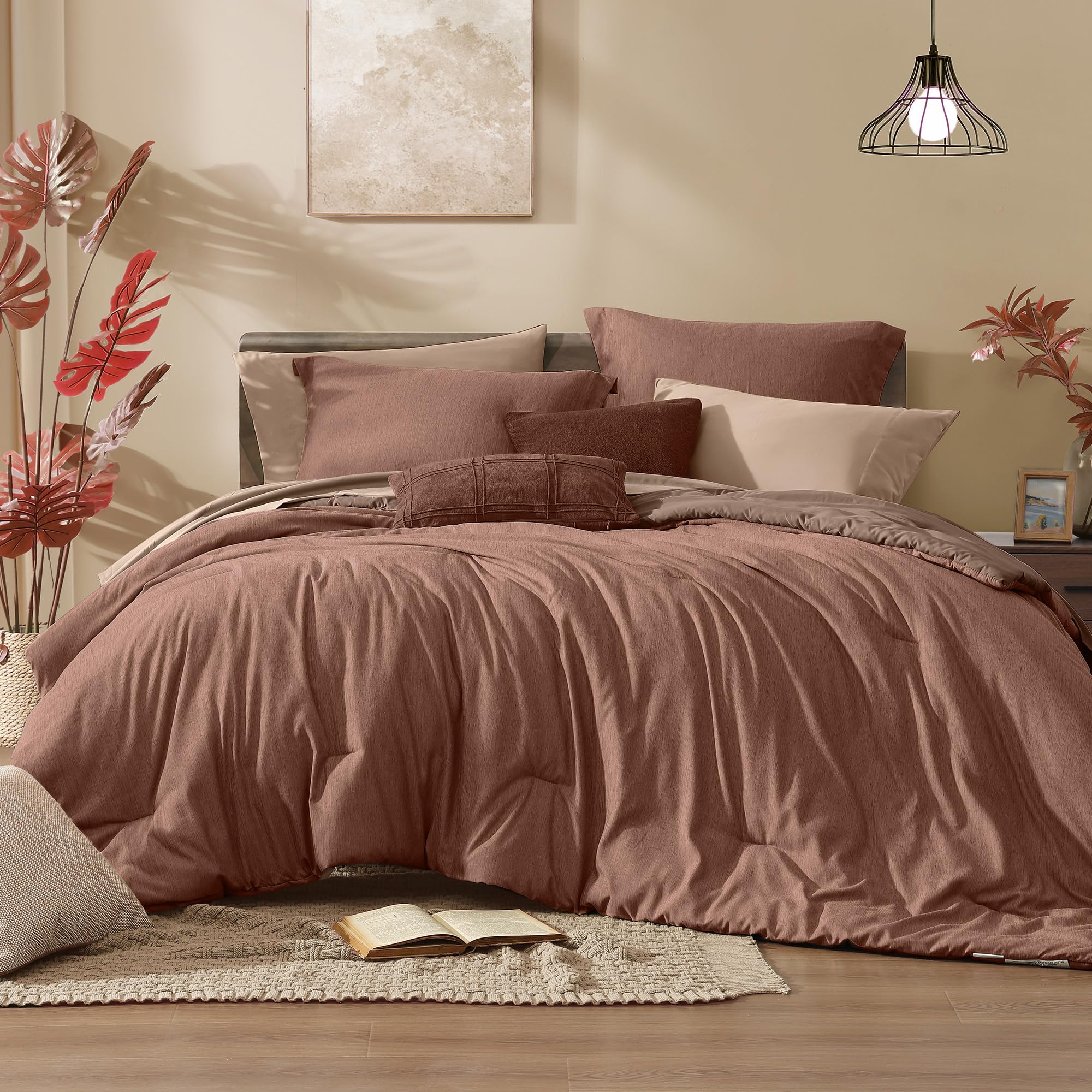 Monbix Queen Comforter Set - 7 Pieces Cationic Dyeing Autumn Leaf Bed in a Bag Queen Bedding Sets with Comforter, Sheets, Pillowcases & Shams, Reversible Bedding Comforters Sets