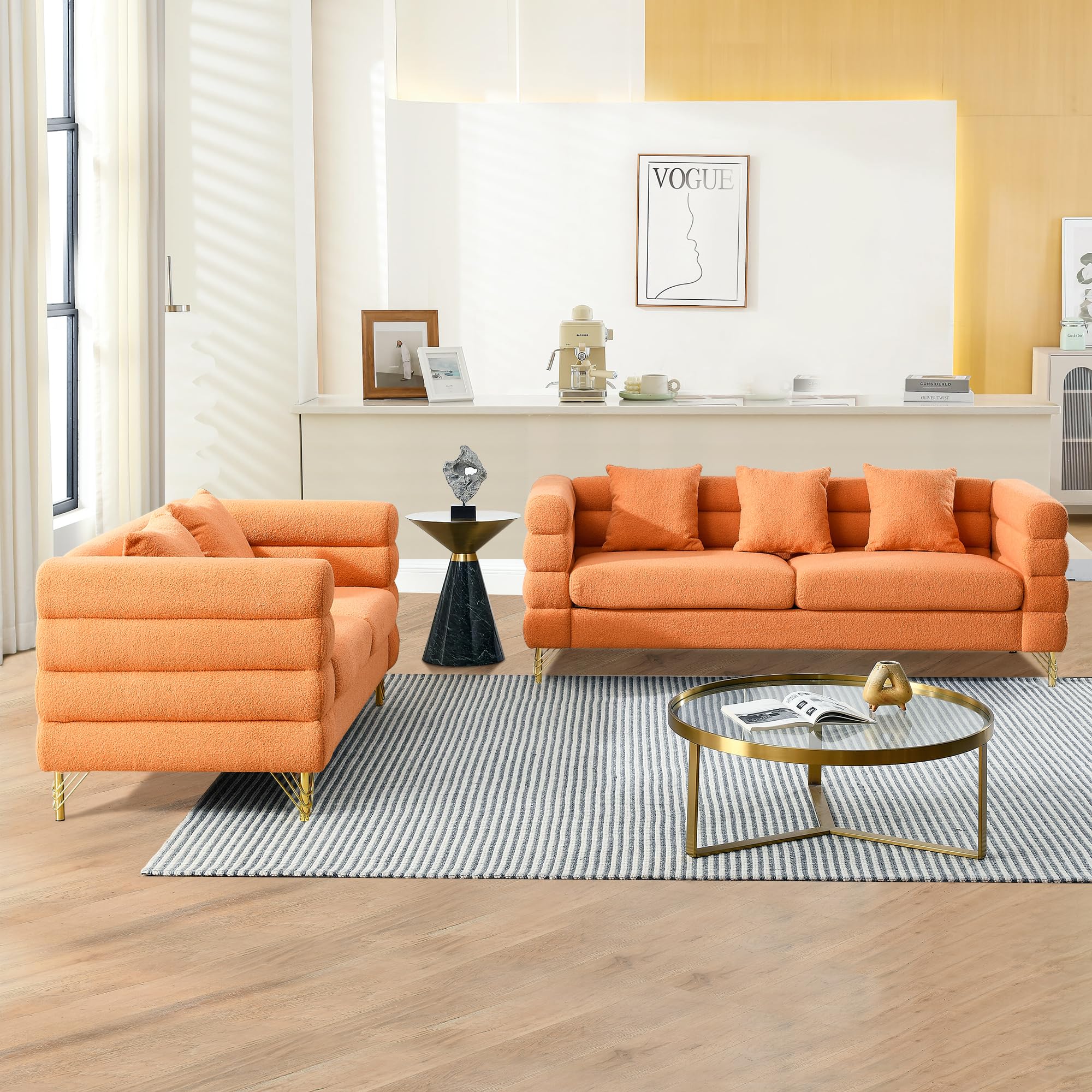 mikibama Modern Teddy Sectional Sofa, 81 Inch Oversized Sofa Couch, Luxury 3 Seater Deep Couch with 3 Pillows and Gold Metal Legs for Living Room, Bedroom, Apartment (Black)