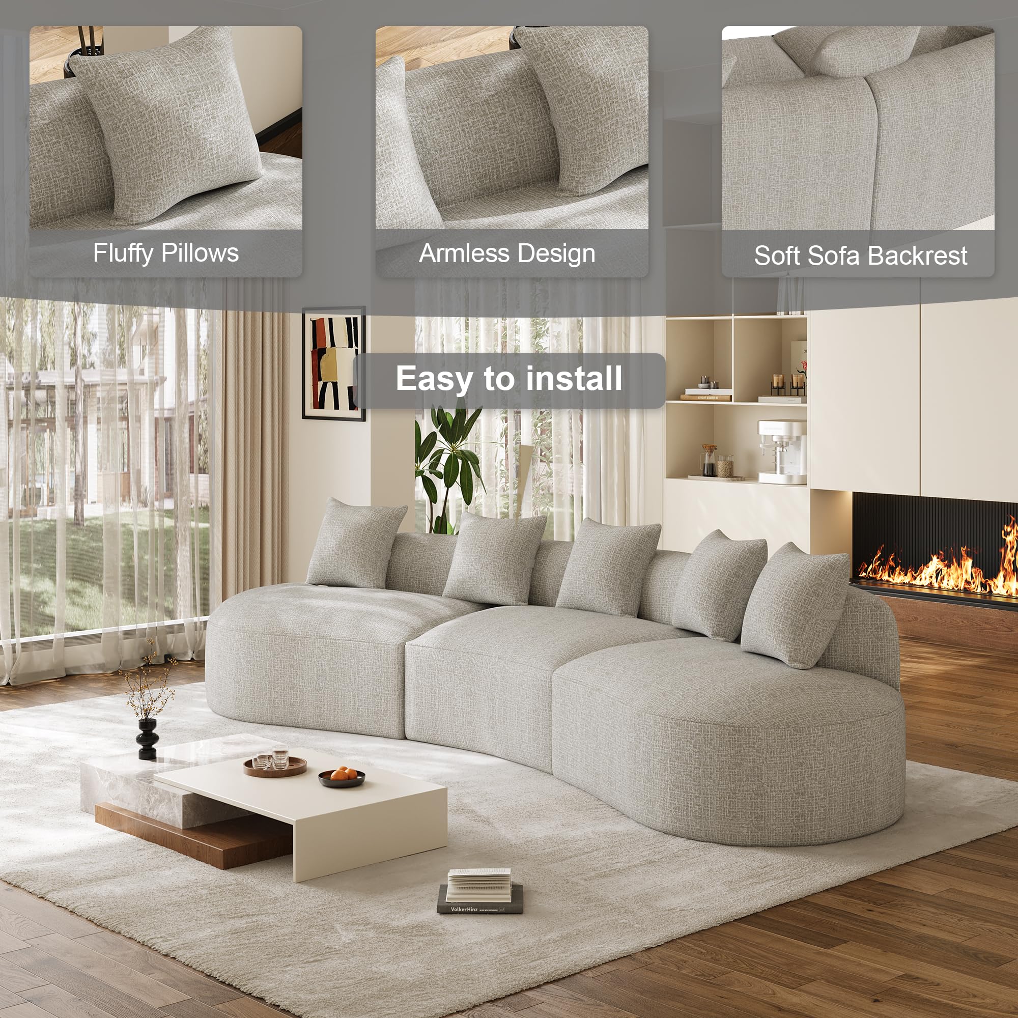 131" Oversized Sectional Sofa for Living Room, Modern Luxury Plush Chenille 4-Seater Extra Deep & Wide Seat Curved Cloud Couch with 4 Throw Pillows, No Assembly Needed, Light Brown