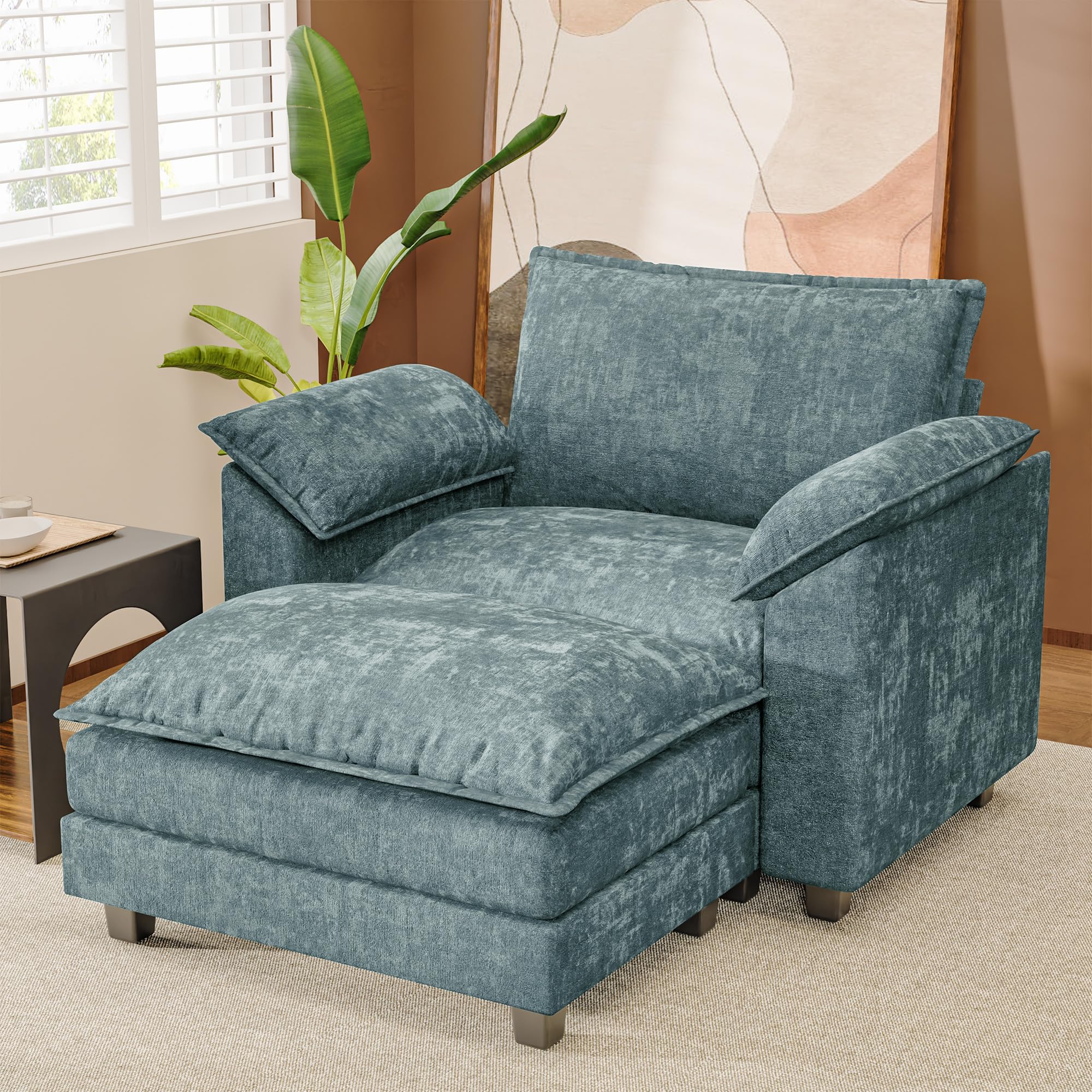 JUMMICO 40" Chaise Lounge Chair for Single Comfy Upholstered Deep Seat Reading Arm Chair Clould Couch for Living Room, Apartment Office, Small Spaces (Dark Blue-3, Single Sofa)