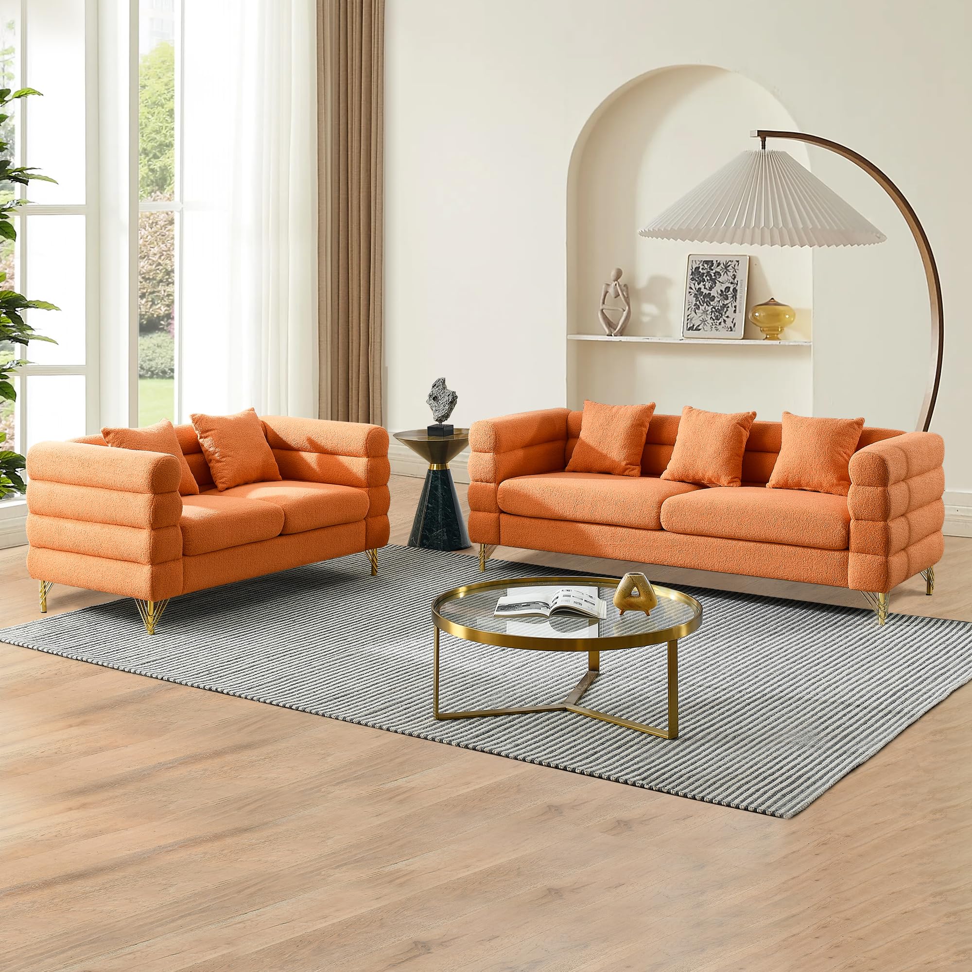 mikibama Modern Teddy Sectional Sofa, 81 Inch Oversized Sofa Couch, Luxury 3 Seater Deep Couch with 3 Pillows and Gold Metal Legs for Living Room, Bedroom, Apartment (Black)