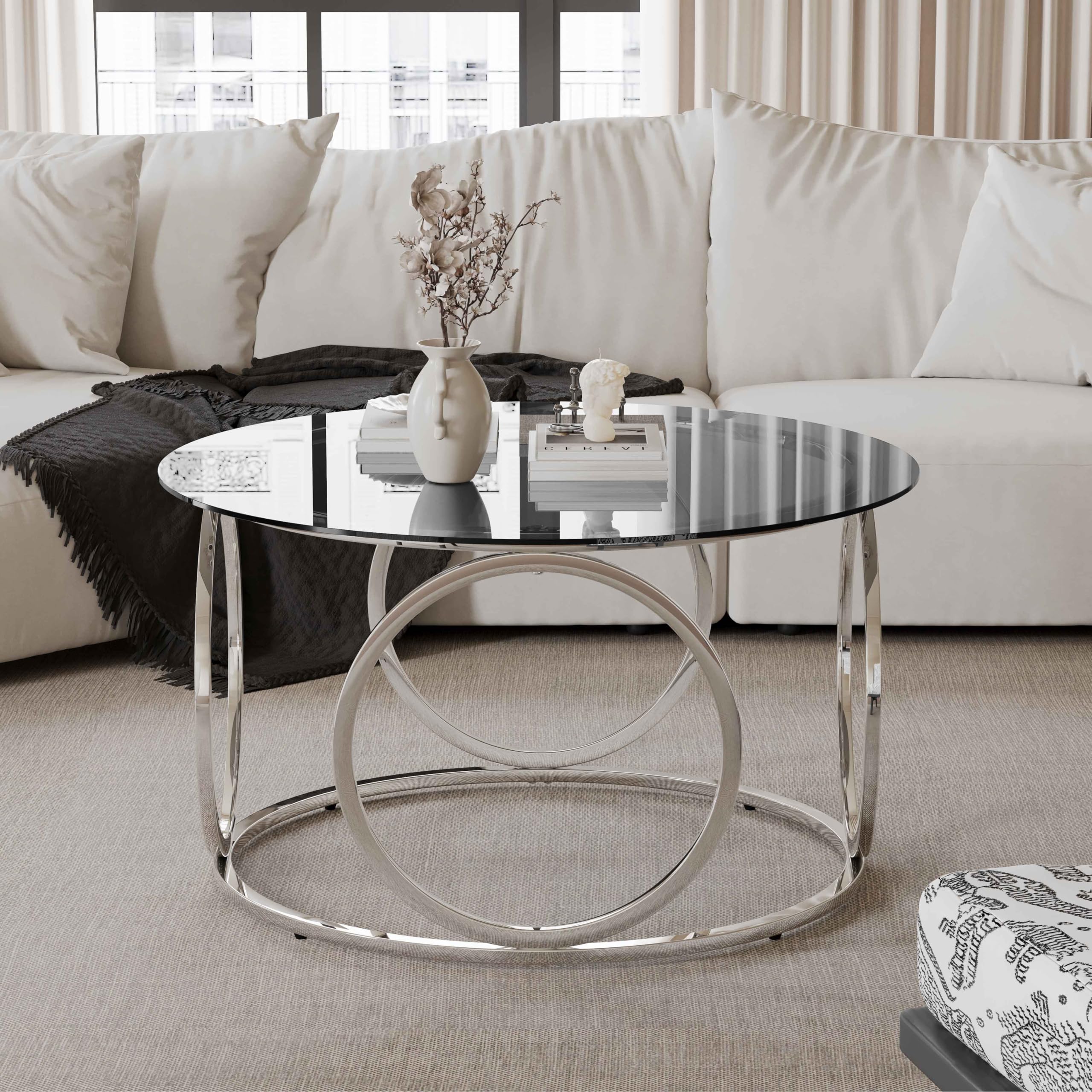 32" Tempered Glass Round Coffee Table Modern Gold Frame Ring Base Single-Layer Circle Living Room Center Tables
